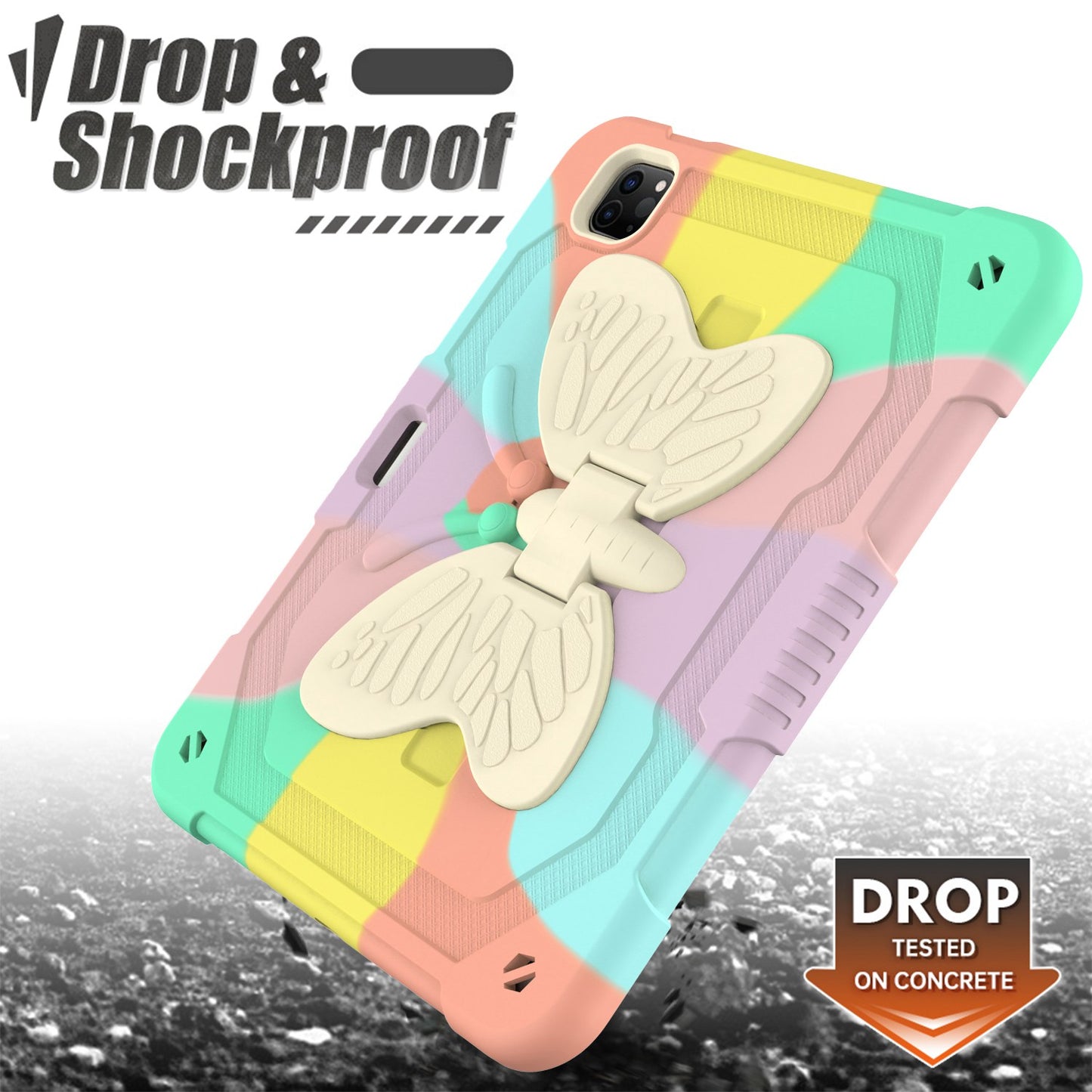 For iPad Pro 11-inch (2021) / (2020) / (2018) / iPad Air (2022) / (2020) Silicone + PC Tablet Case Butterfly Shape Kickstand Drop-proof Cover with Shoulder Strap