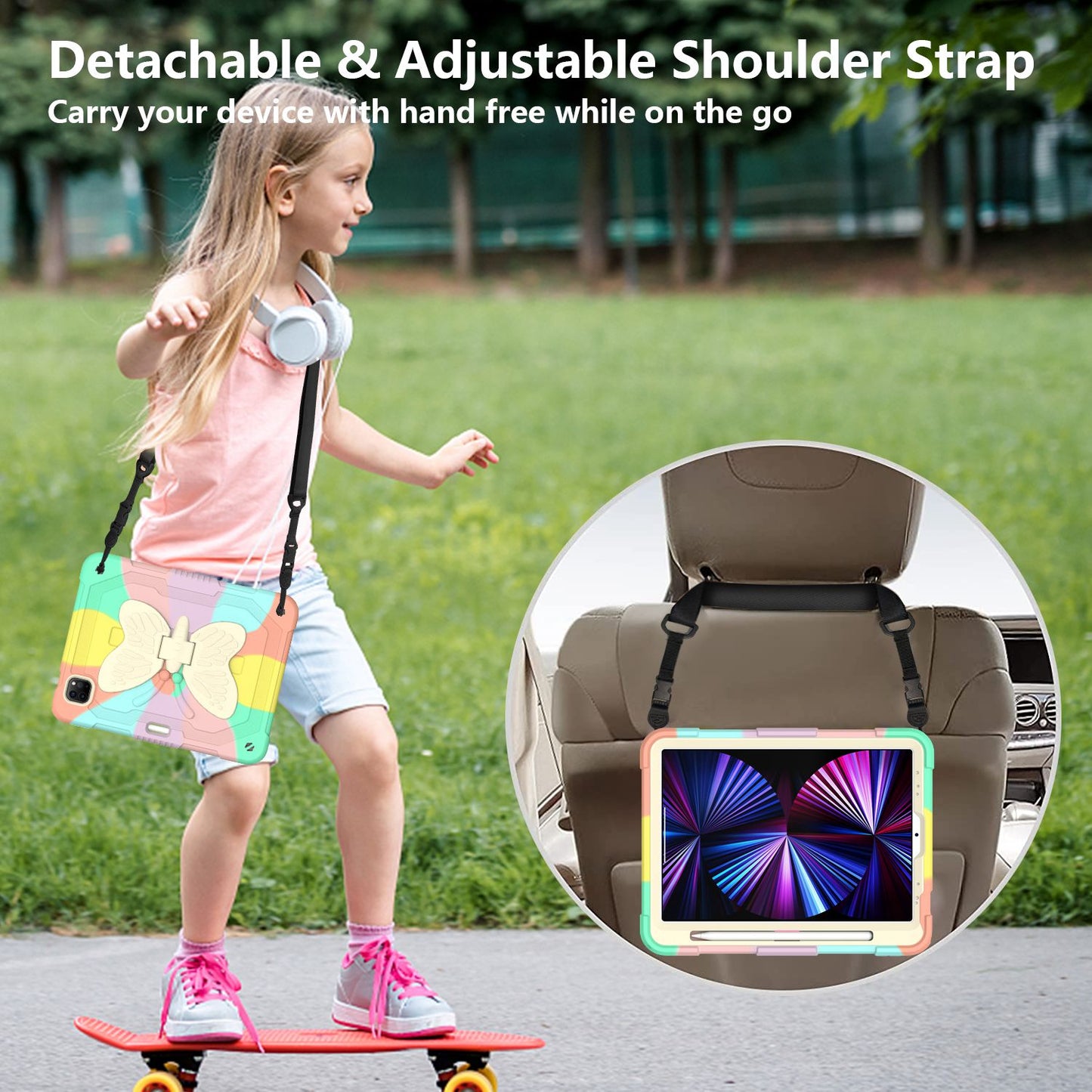 For iPad Pro 11-inch (2021) / (2020) / (2018) / iPad Air (2022) / (2020) Silicone + PC Tablet Case Butterfly Shape Kickstand Drop-proof Cover with Shoulder Strap
