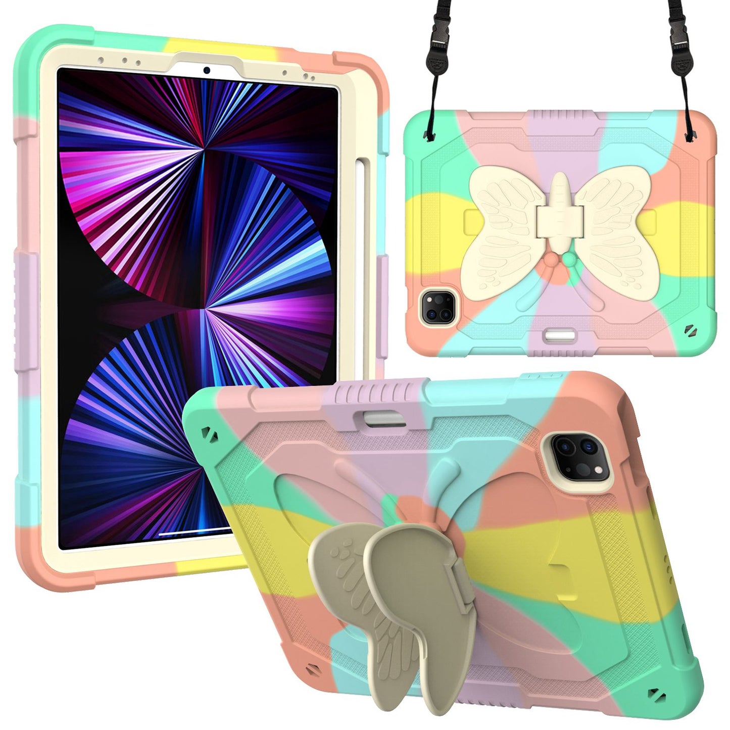 For iPad Pro 11-inch (2021) / (2020) / (2018) / iPad Air (2022) / (2020) Silicone + PC Tablet Case Butterfly Shape Kickstand Drop-proof Cover with Shoulder Strap