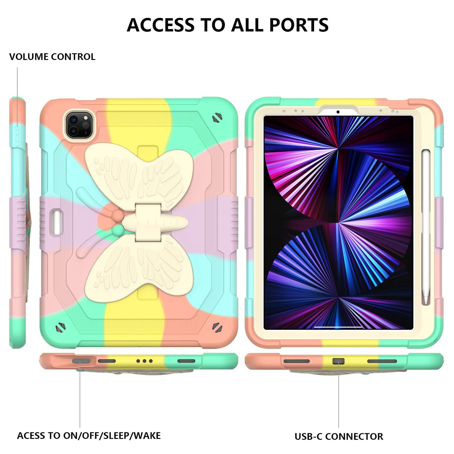 For iPad Pro 11-inch (2021) / (2020) / (2018) / iPad Air (2022) / (2020) Silicone + PC Tablet Case Butterfly Shape Kickstand Drop-proof Cover with Shoulder Strap