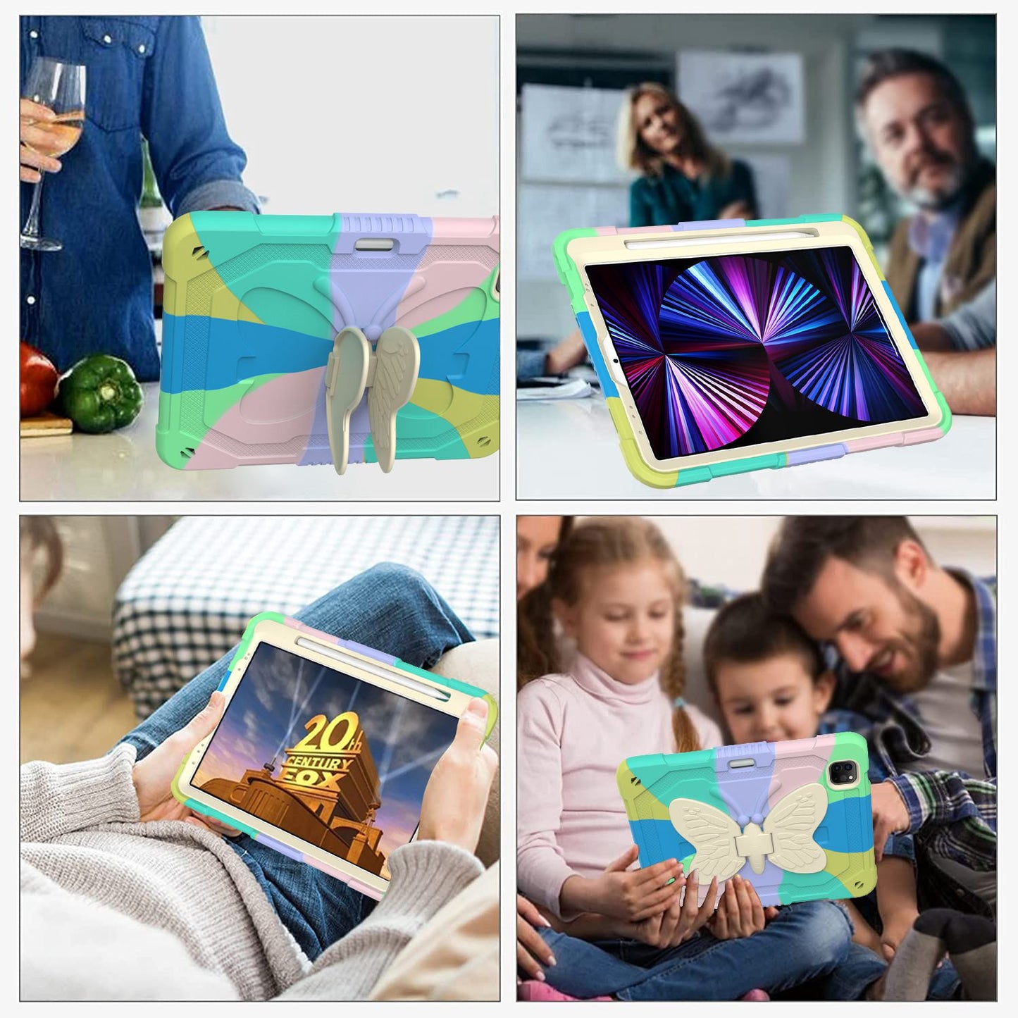 For iPad Pro 11-inch (2021) / (2020) / (2018) / iPad Air (2022) / (2020) Silicone + PC Tablet Case Butterfly Shape Kickstand Drop-proof Cover with Shoulder Strap