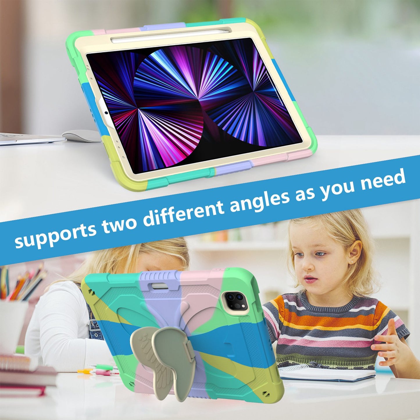 For iPad Pro 11-inch (2021) / (2020) / (2018) / iPad Air (2022) / (2020) Silicone + PC Tablet Case Butterfly Shape Kickstand Drop-proof Cover with Shoulder Strap