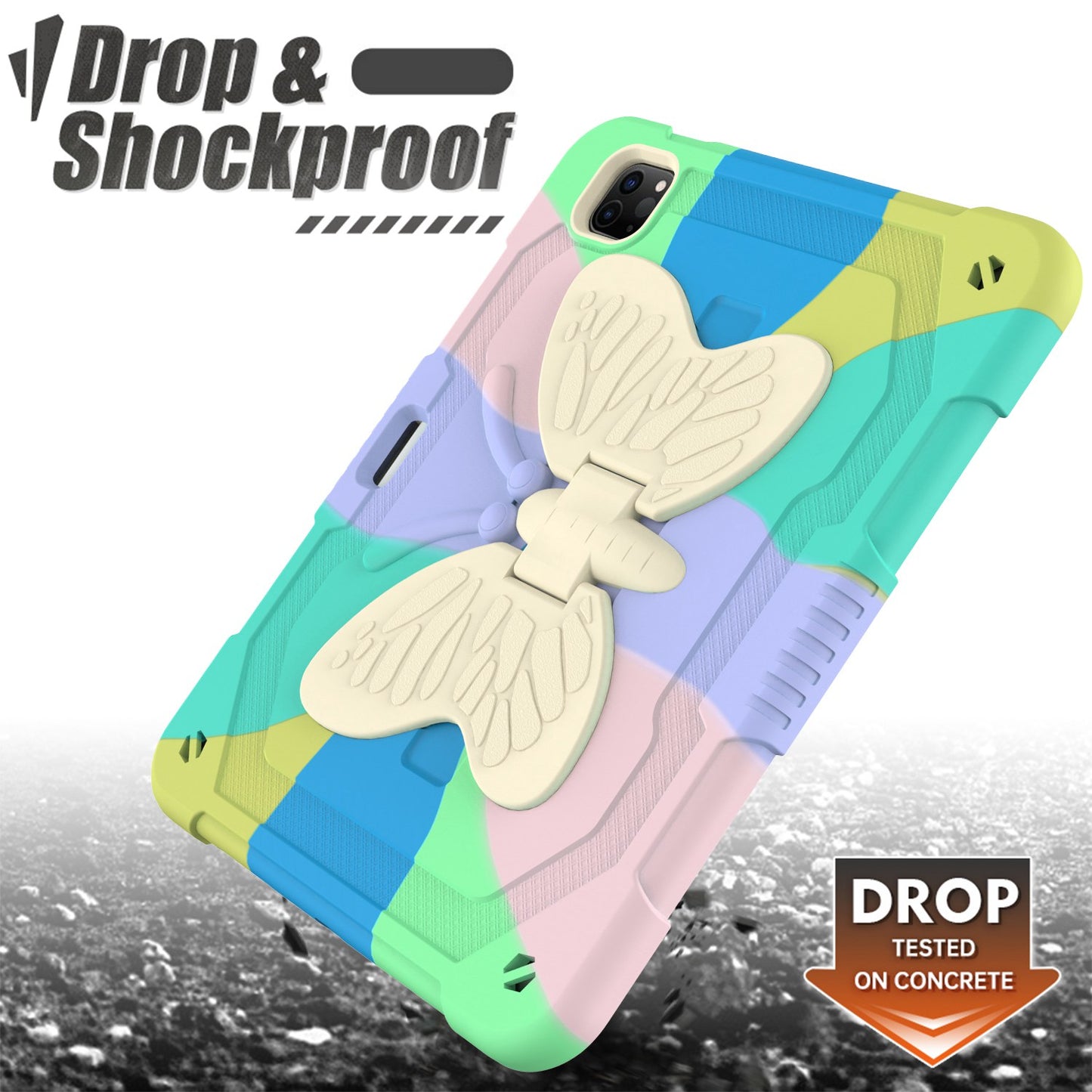 For iPad Pro 11-inch (2021) / (2020) / (2018) / iPad Air (2022) / (2020) Silicone + PC Tablet Case Butterfly Shape Kickstand Drop-proof Cover with Shoulder Strap