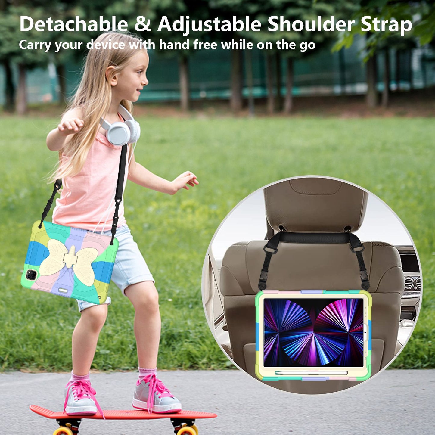 For iPad Pro 11-inch (2021) / (2020) / (2018) / iPad Air (2022) / (2020) Silicone + PC Tablet Case Butterfly Shape Kickstand Drop-proof Cover with Shoulder Strap