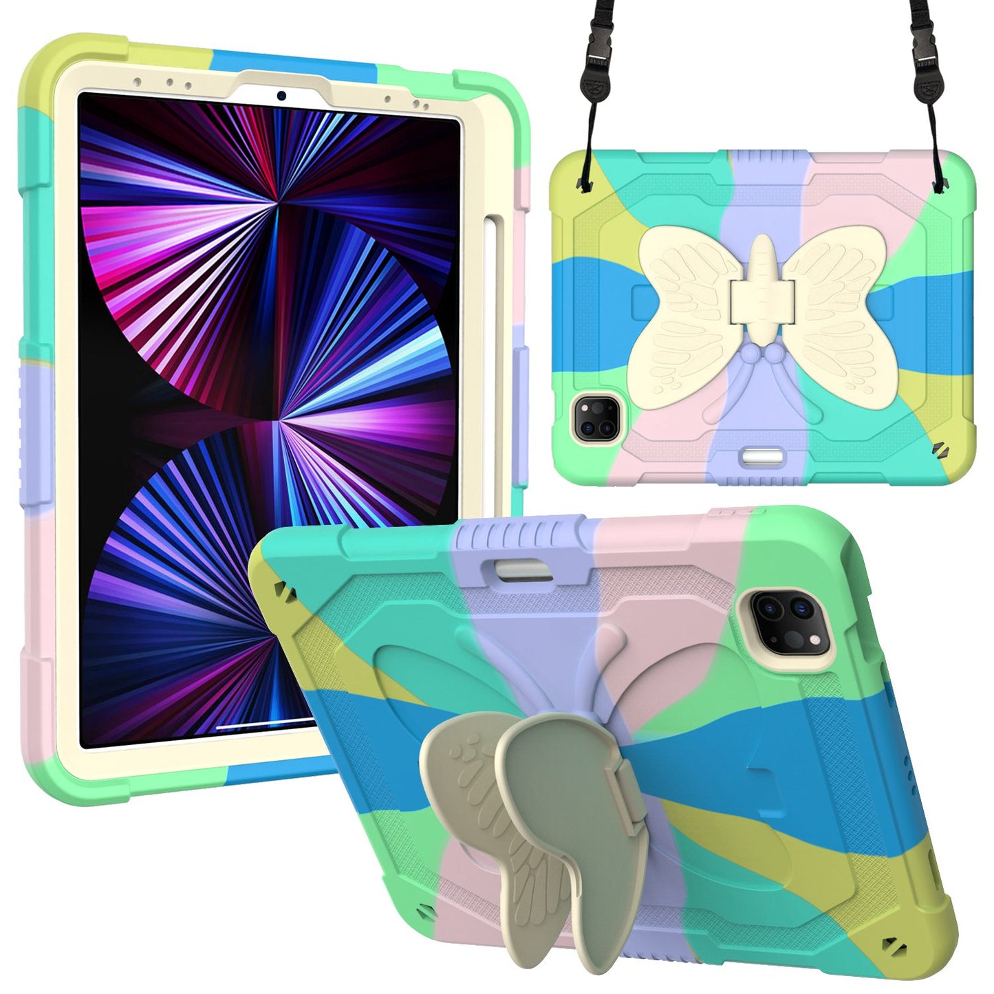 For iPad Pro 11-inch (2021) / (2020) / (2018) / iPad Air (2022) / (2020) Silicone + PC Tablet Case Butterfly Shape Kickstand Drop-proof Cover with Shoulder Strap