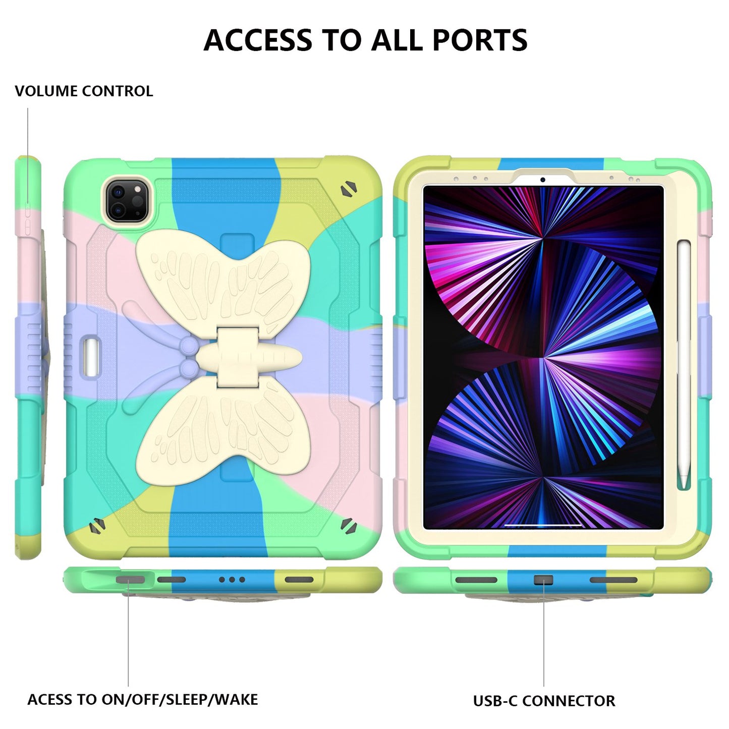 For iPad Pro 11-inch (2021) / (2020) / (2018) / iPad Air (2022) / (2020) Silicone + PC Tablet Case Butterfly Shape Kickstand Drop-proof Cover with Shoulder Strap