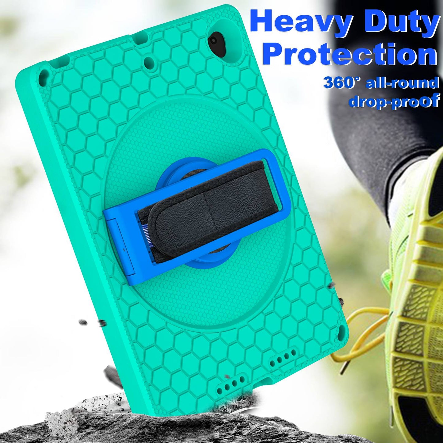 For iPad 10.2 (2021) / (2020) / (2019) Rotary Kickstand Hand Strap EVA+PC Case Anti-drop Tablet Cover with Shoulder Strap