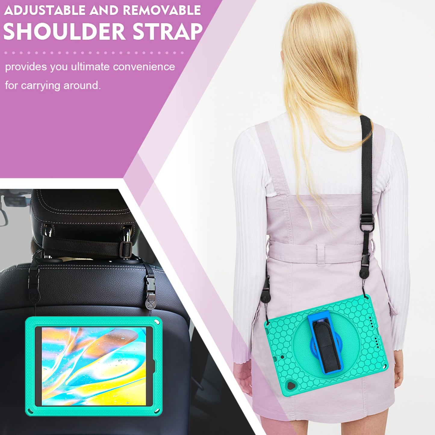 For iPad 10.2 (2021) / (2020) / (2019) Rotary Kickstand Hand Strap EVA+PC Case Anti-drop Tablet Cover with Shoulder Strap