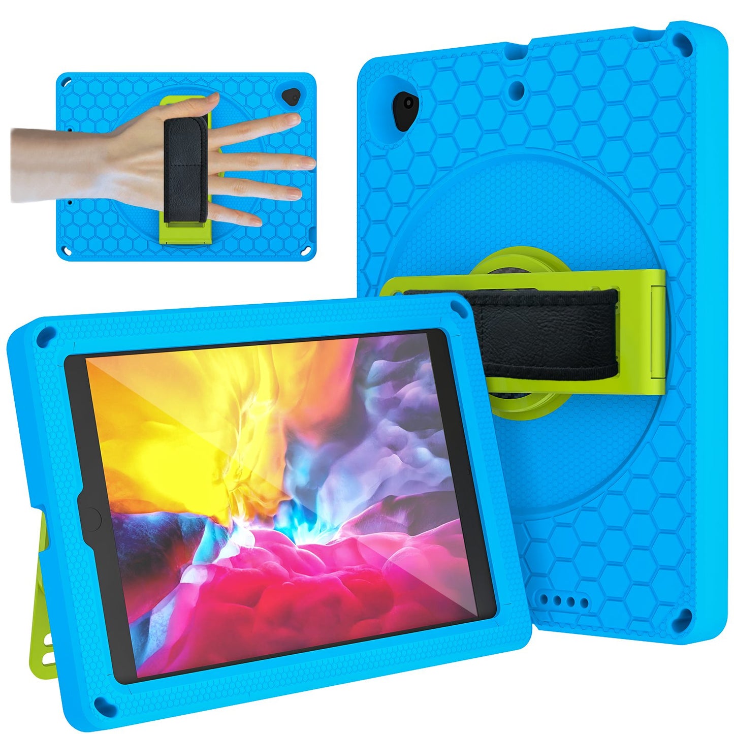 For iPad 10.2 (2021) / (2020) / (2019) Rotary Kickstand Hand Strap EVA+PC Case Anti-drop Tablet Cover with Shoulder Strap