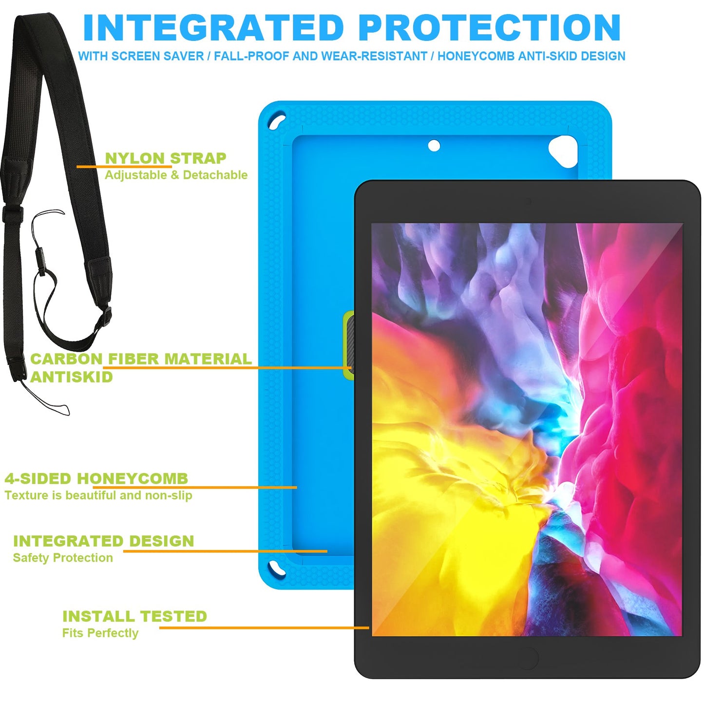 For iPad 10.2 (2021) / (2020) / (2019) Rotary Kickstand Hand Strap EVA+PC Case Anti-drop Tablet Cover with Shoulder Strap