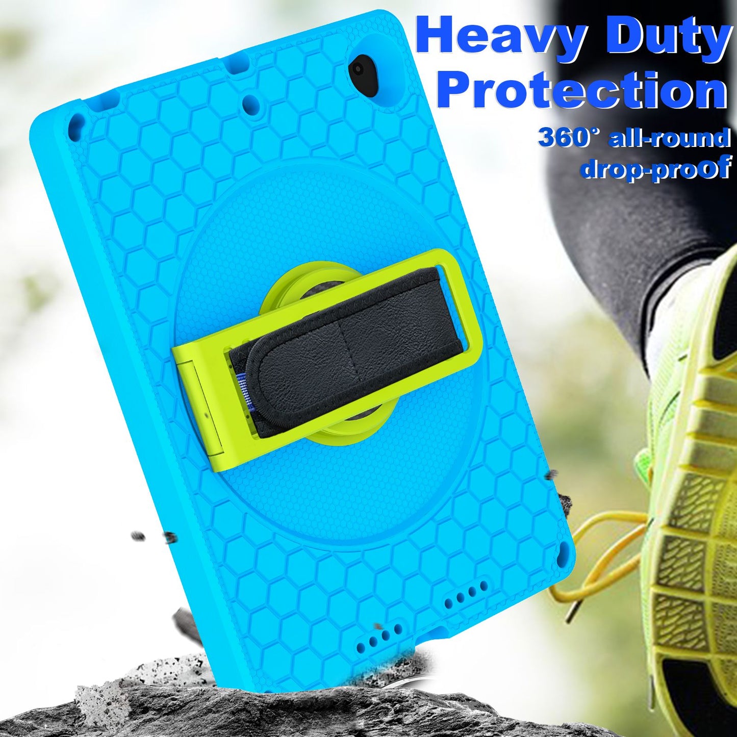 For iPad 10.2 (2021) / (2020) / (2019) Rotary Kickstand Hand Strap EVA+PC Case Anti-drop Tablet Cover with Shoulder Strap