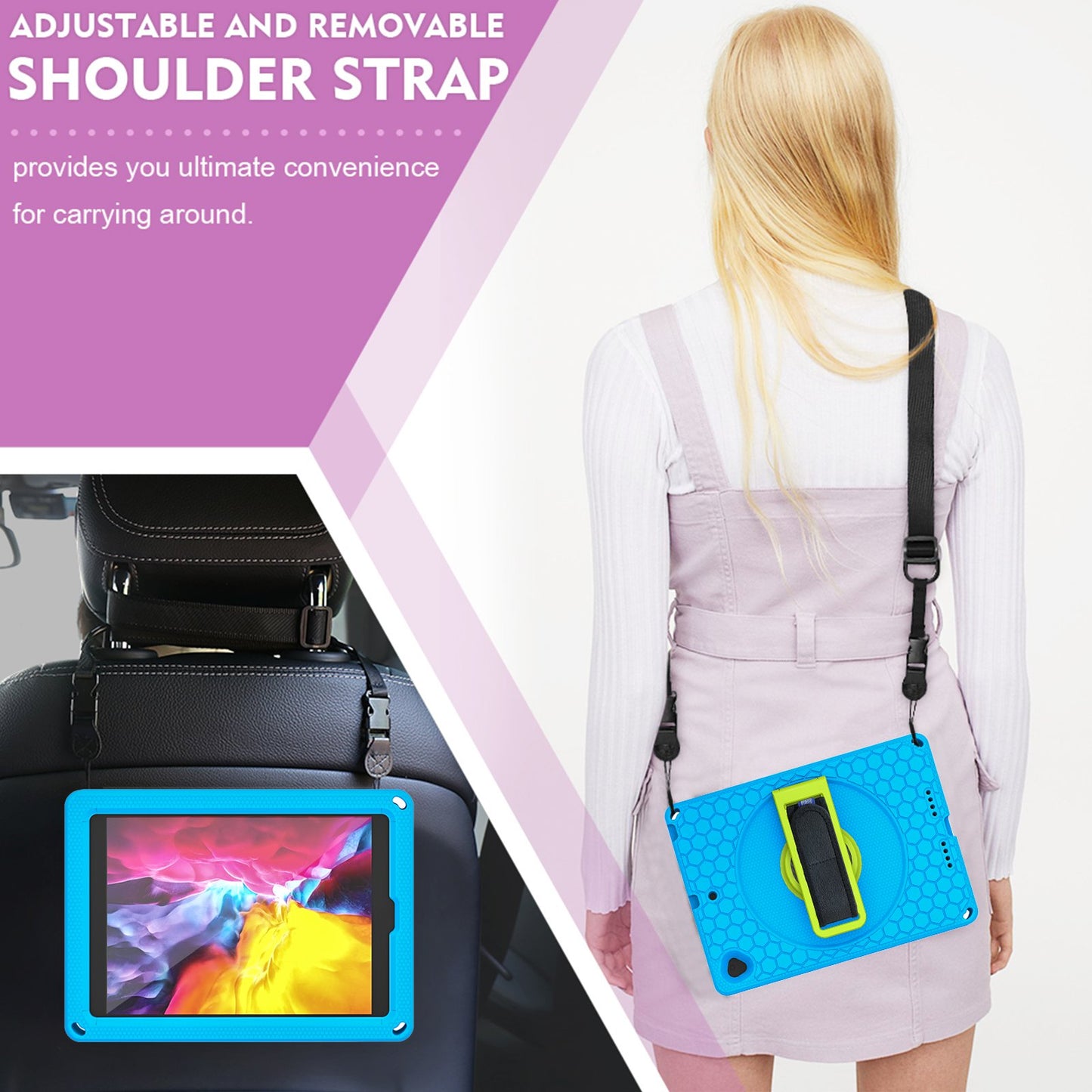 For iPad 10.2 (2021) / (2020) / (2019) Rotary Kickstand Hand Strap EVA+PC Case Anti-drop Tablet Cover with Shoulder Strap