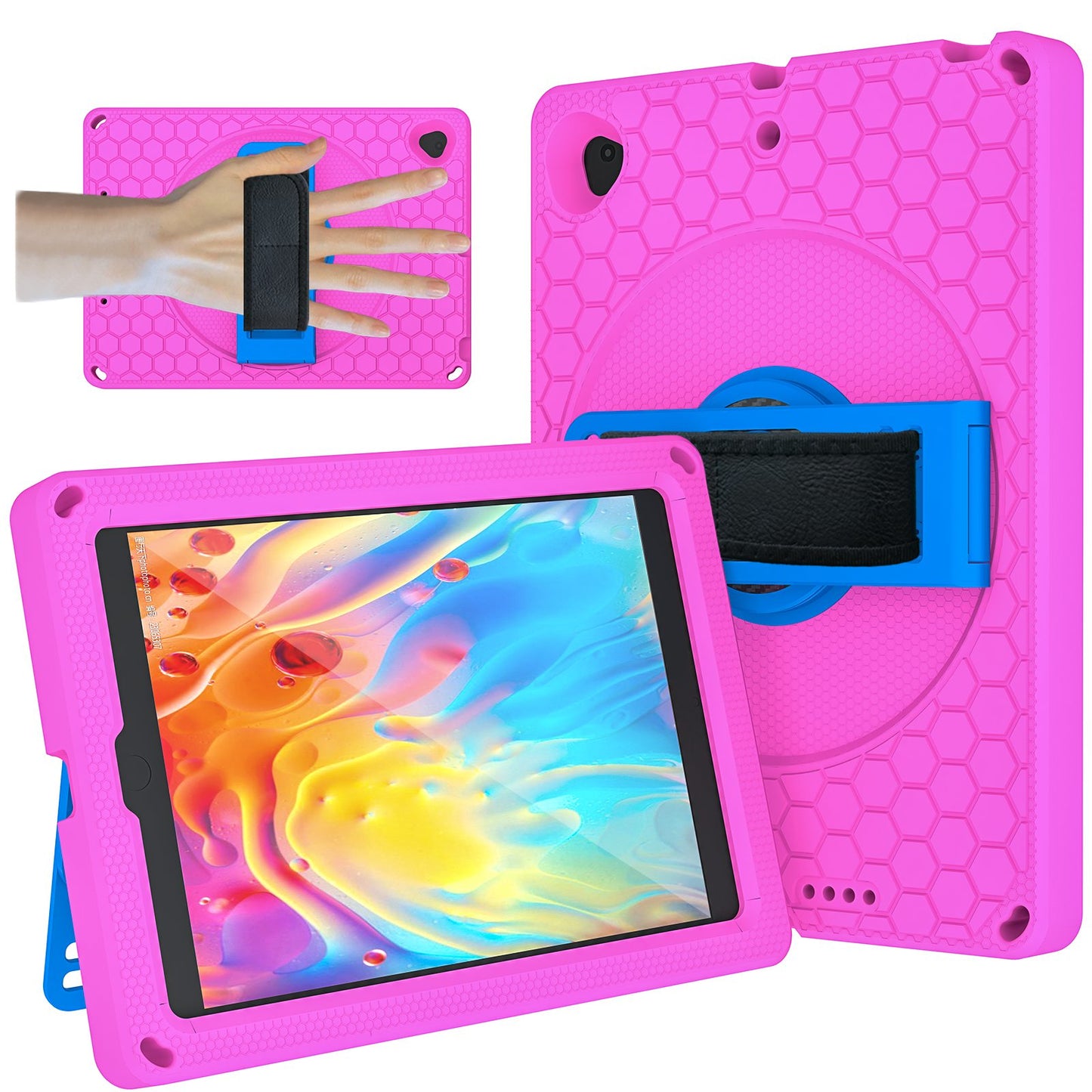 For iPad 10.2 (2021) / (2020) / (2019) Rotary Kickstand Hand Strap EVA+PC Case Anti-drop Tablet Cover with Shoulder Strap