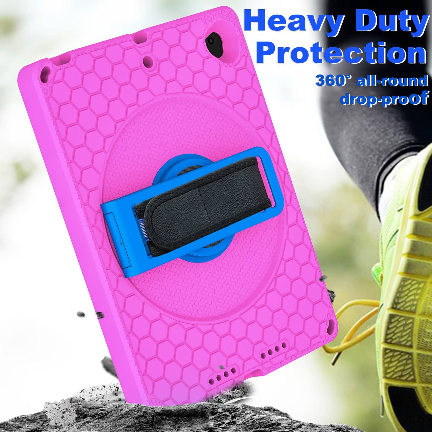 For iPad 10.2 (2021) / (2020) / (2019) Rotary Kickstand Hand Strap EVA+PC Case Anti-drop Tablet Cover with Shoulder Strap