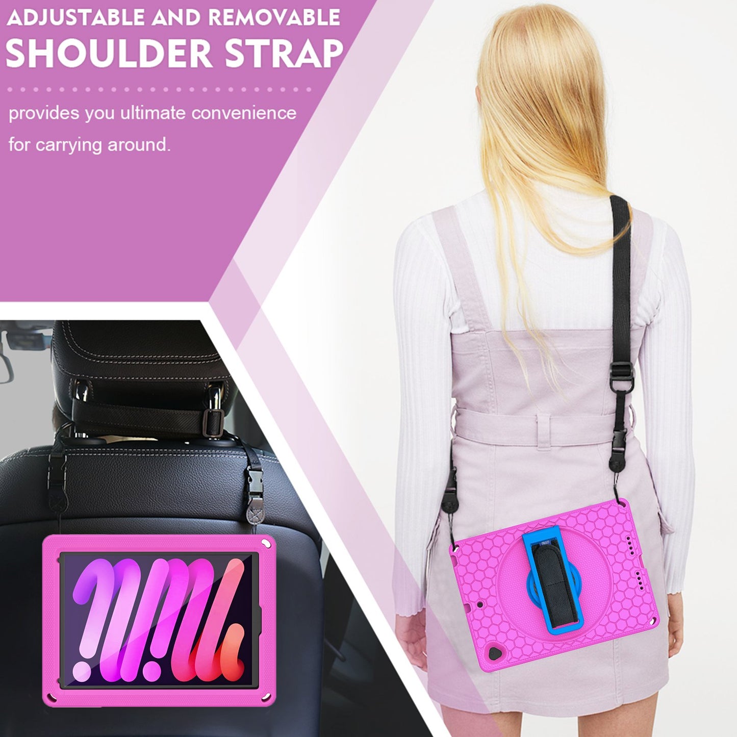 For iPad 10.2 (2021) / (2020) / (2019) Rotary Kickstand Hand Strap EVA+PC Case Anti-drop Tablet Cover with Shoulder Strap