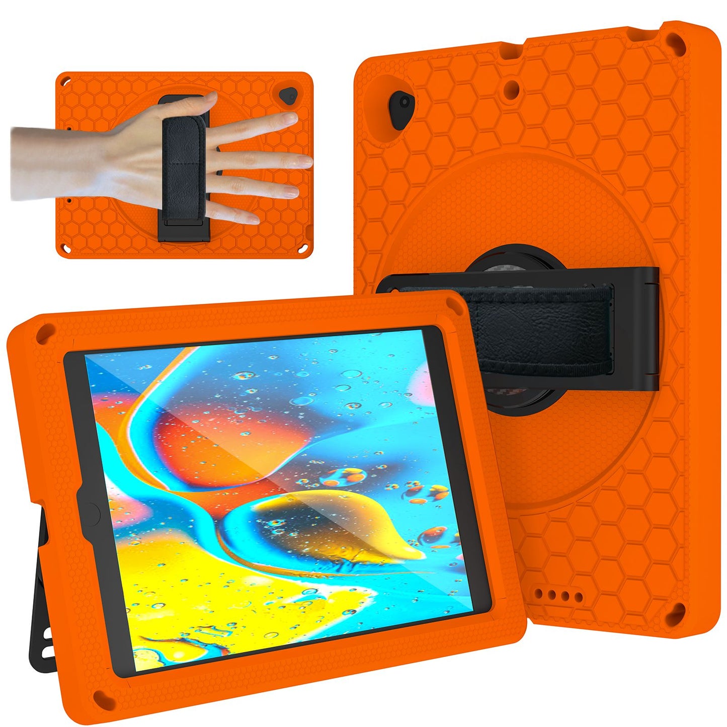 For iPad 10.2 (2021) / (2020) / (2019) Rotary Kickstand Hand Strap EVA+PC Case Anti-drop Tablet Cover with Shoulder Strap
