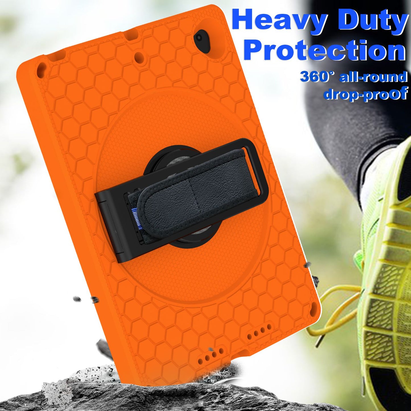 For iPad 10.2 (2021) / (2020) / (2019) Rotary Kickstand Hand Strap EVA+PC Case Anti-drop Tablet Cover with Shoulder Strap