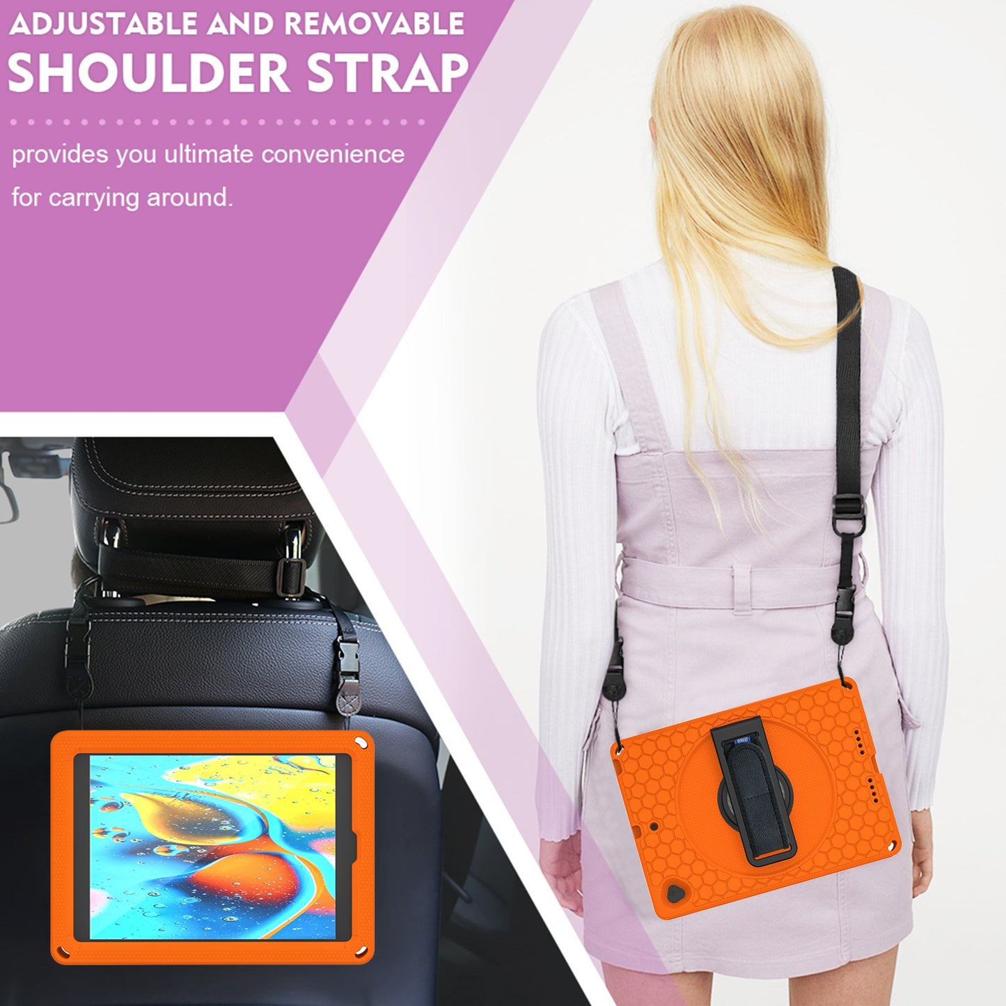 For iPad 10.2 (2021) / (2020) / (2019) Rotary Kickstand Hand Strap EVA+PC Case Anti-drop Tablet Cover with Shoulder Strap