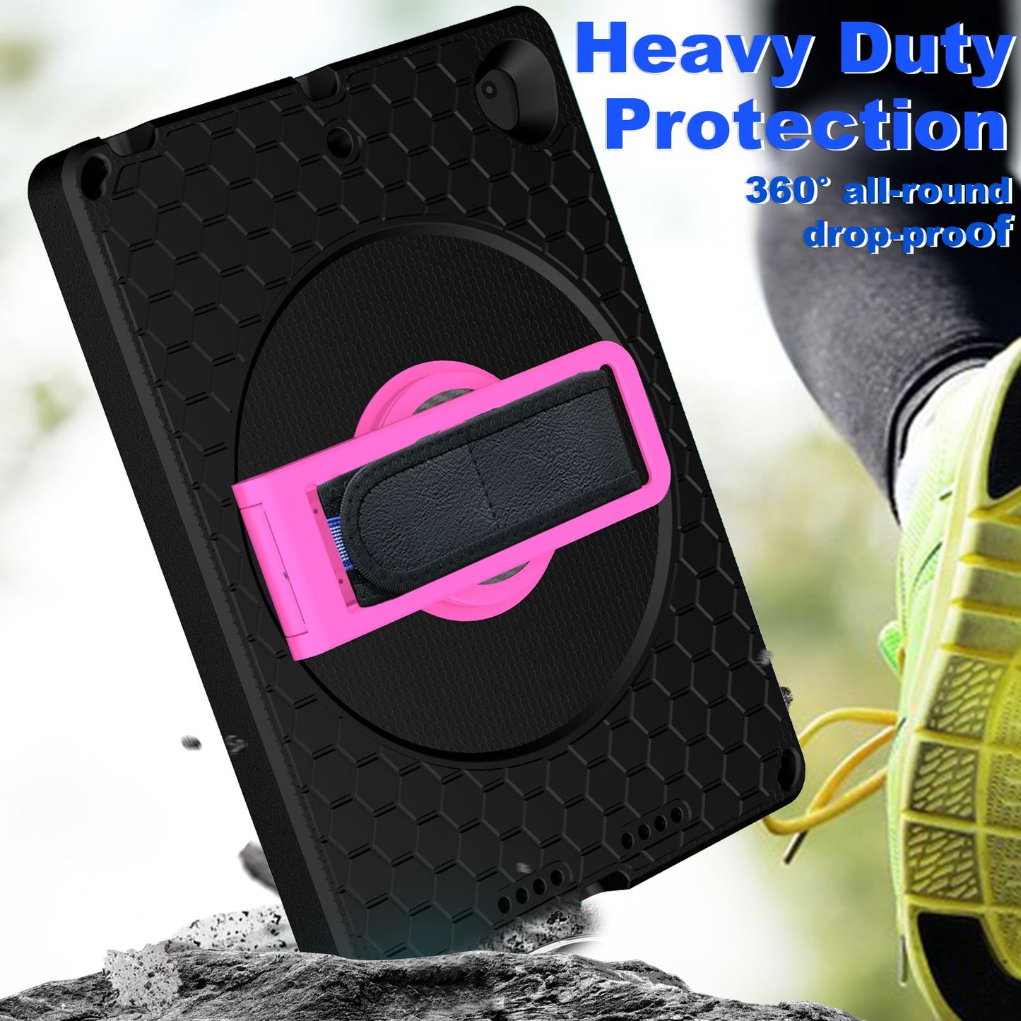 For iPad 10.2 (2021) / (2020) / (2019) Rotary Kickstand Hand Strap EVA+PC Case Anti-drop Tablet Cover with Shoulder Strap