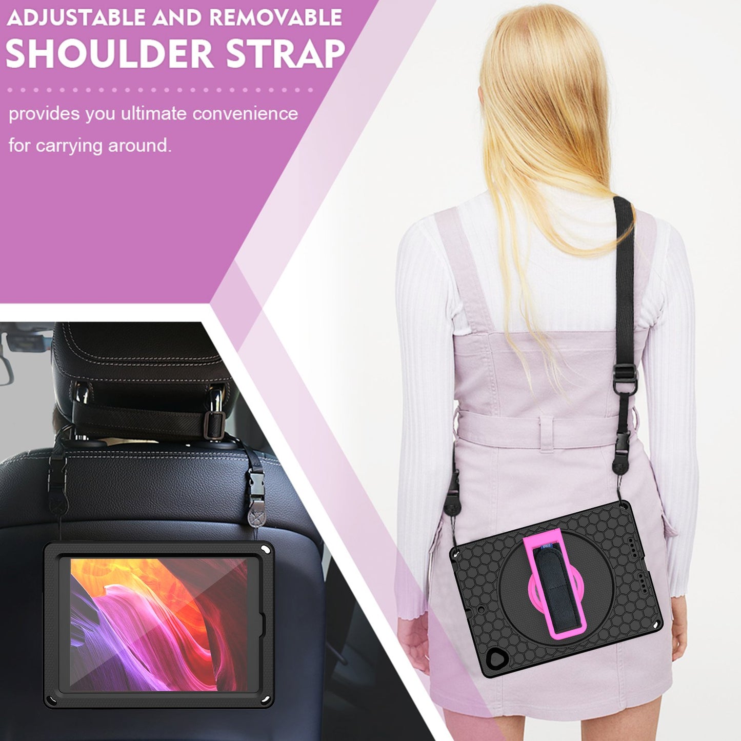 For iPad 10.2 (2021) / (2020) / (2019) Rotary Kickstand Hand Strap EVA+PC Case Anti-drop Tablet Cover with Shoulder Strap