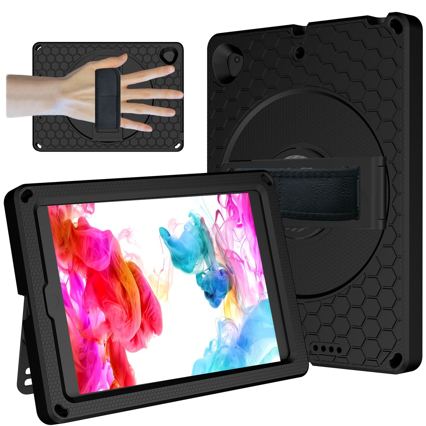 For iPad 10.2 (2021) / (2020) / (2019) Rotary Kickstand Hand Strap EVA+PC Case Anti-drop Tablet Cover with Shoulder Strap