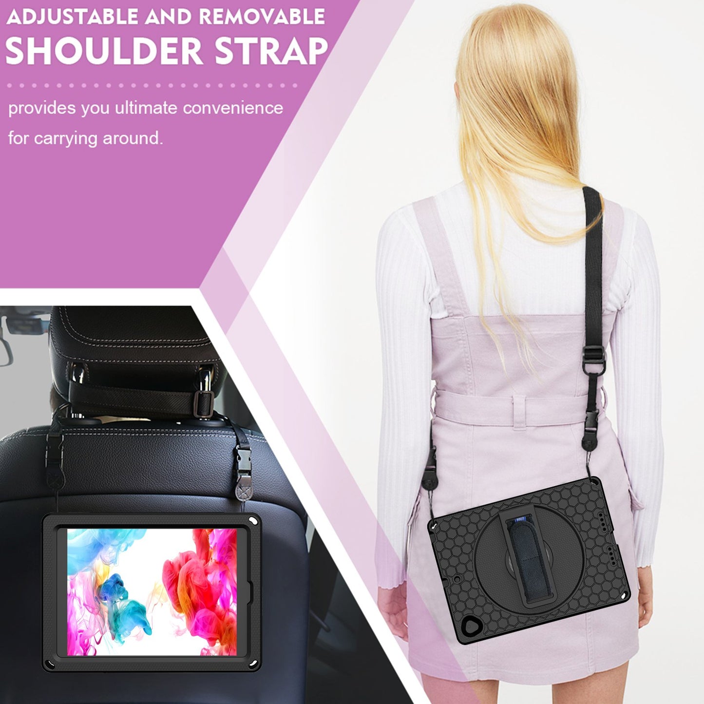 For iPad 10.2 (2021) / (2020) / (2019) Rotary Kickstand Hand Strap EVA+PC Case Anti-drop Tablet Cover with Shoulder Strap