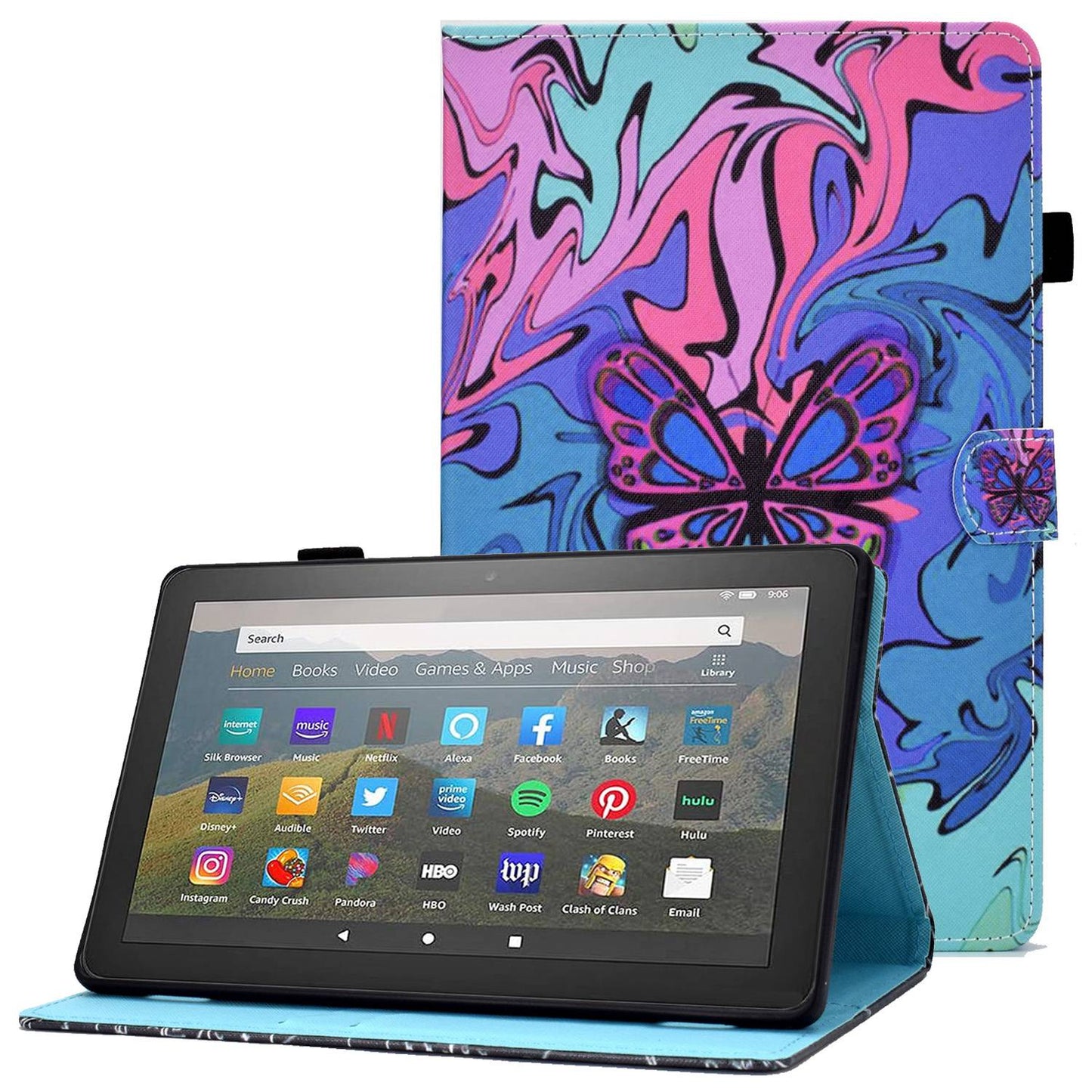 For Amazon Fire HD 8 (2016) / (2017) / (2018) Shockproof Cover Anti-Scratch Leather Case Stitched Pattern Printed Magnetic Closure Tablet Stand Case with Wallet / Card Slots