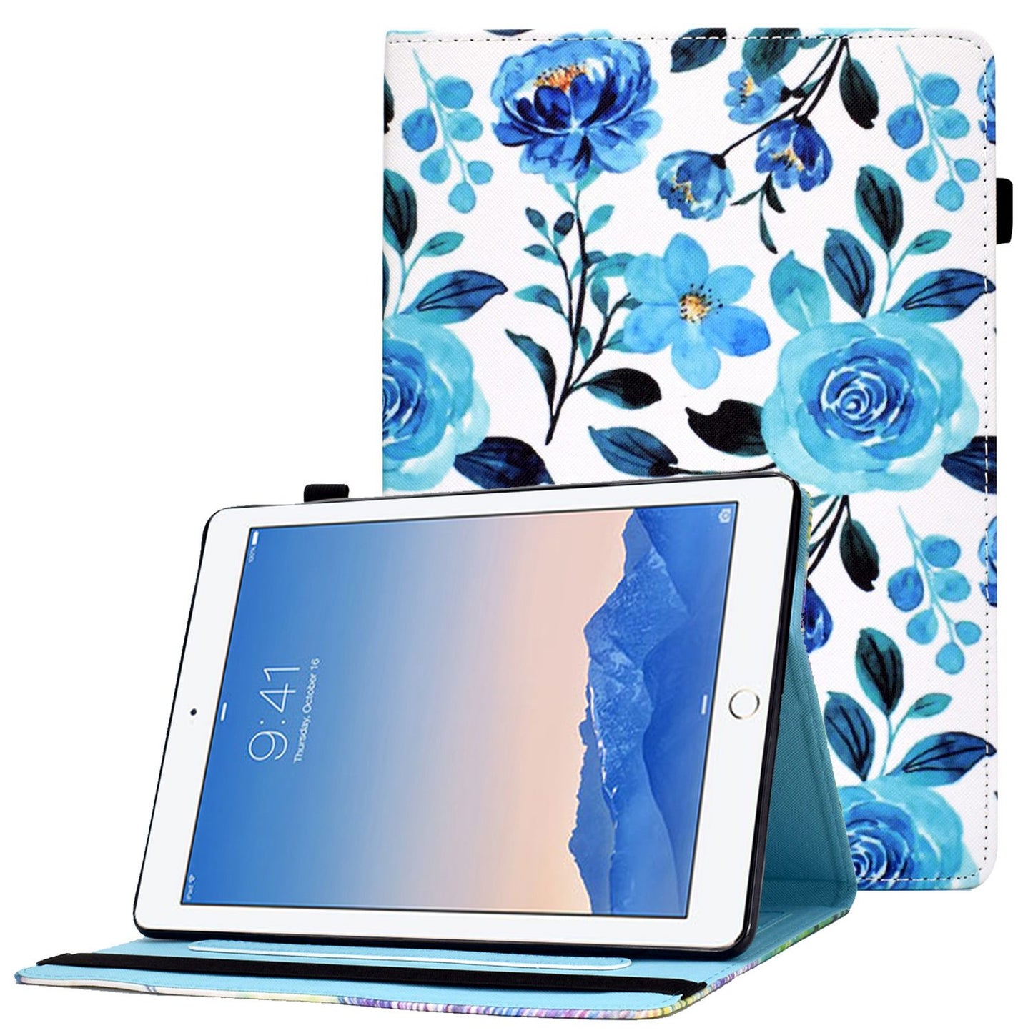 For iPad Air (2013) / Air 2 / iPad 9.7-inch (2017) / (2018) Stitching PU Leather Tablet Cover Pattern Printing Stand Card Holder Case with Elastic Band Closure