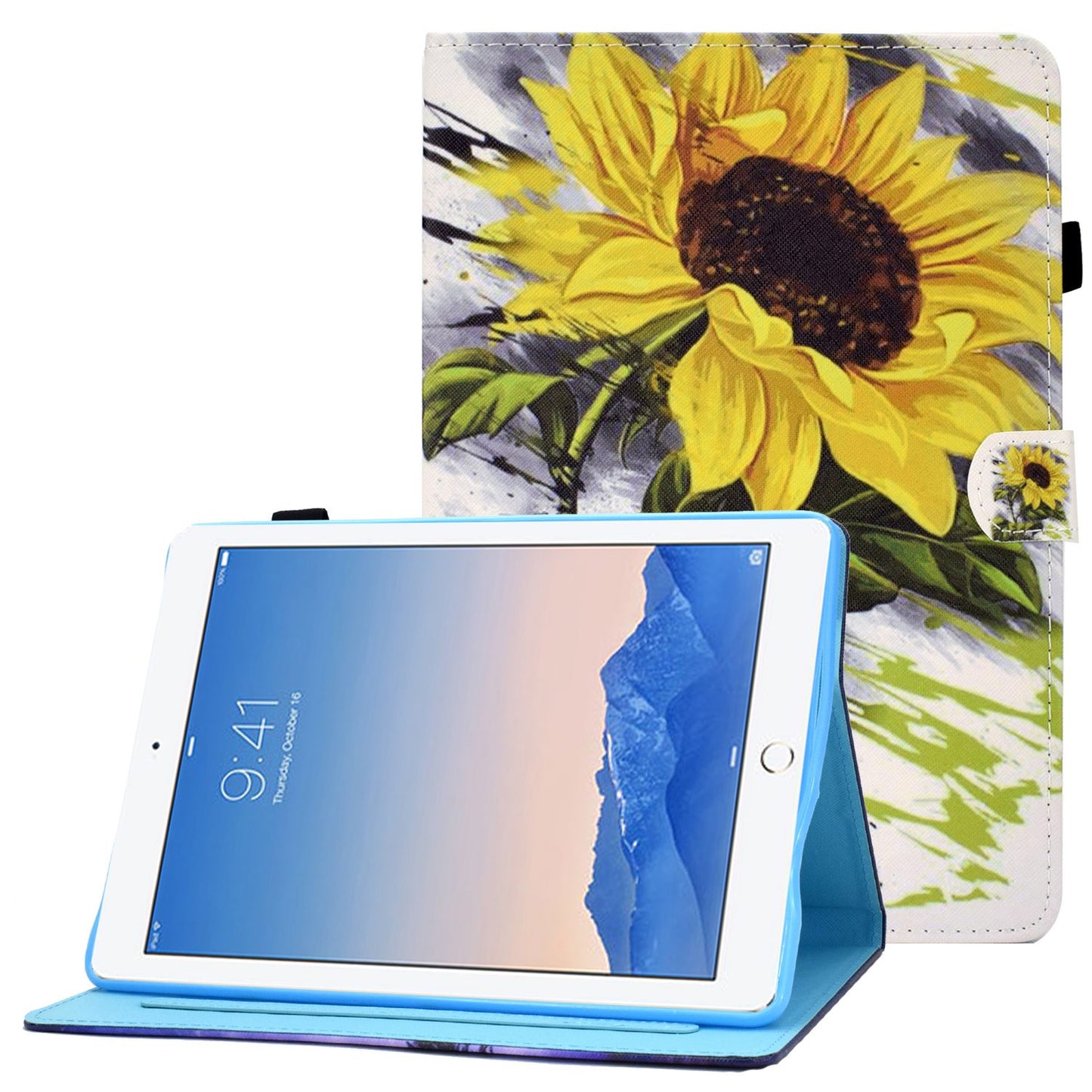 For iPad Air (2013) / Air 2 / iPad 9.7-inch (2017) / (2018) Stitched Leather Case Protective Tablet Cover Pattern Printed Magnetic Closure Shockproof Cover with Stand / Card Slots