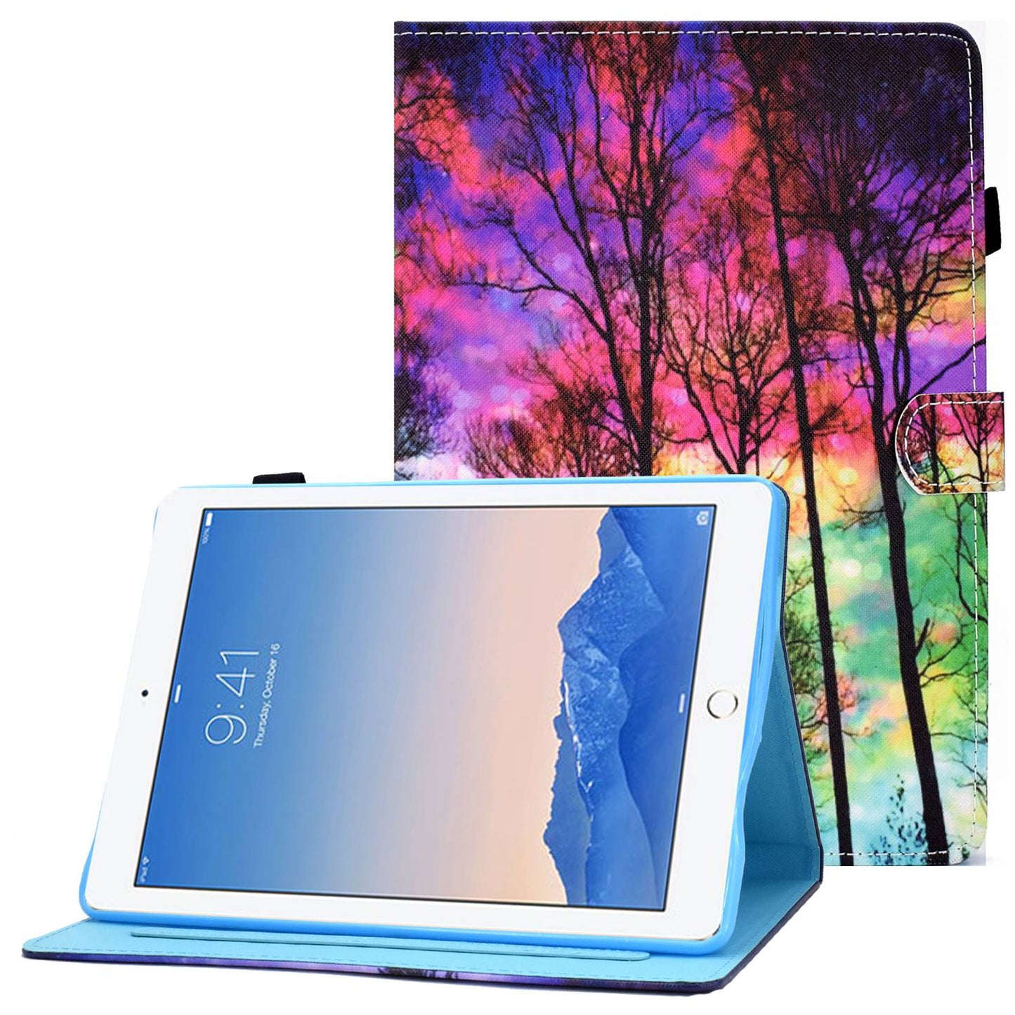 For iPad Air (2013) / Air 2 / iPad 9.7-inch (2017) / (2018) Stitched Leather Case Protective Tablet Cover Pattern Printed Magnetic Closure Shockproof Cover with Stand / Card Slots