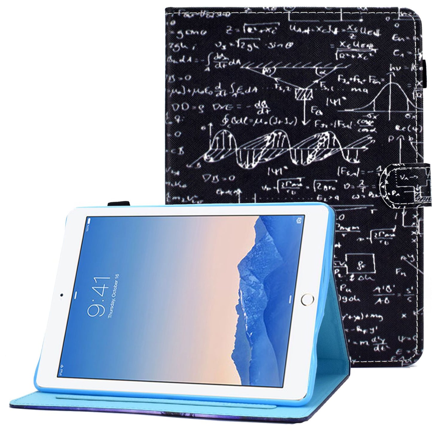 For iPad Air (2013) / Air 2 / iPad 9.7-inch (2017) / (2018) Stitched Leather Case Protective Tablet Cover Pattern Printed Magnetic Closure Shockproof Cover with Stand / Card Slots