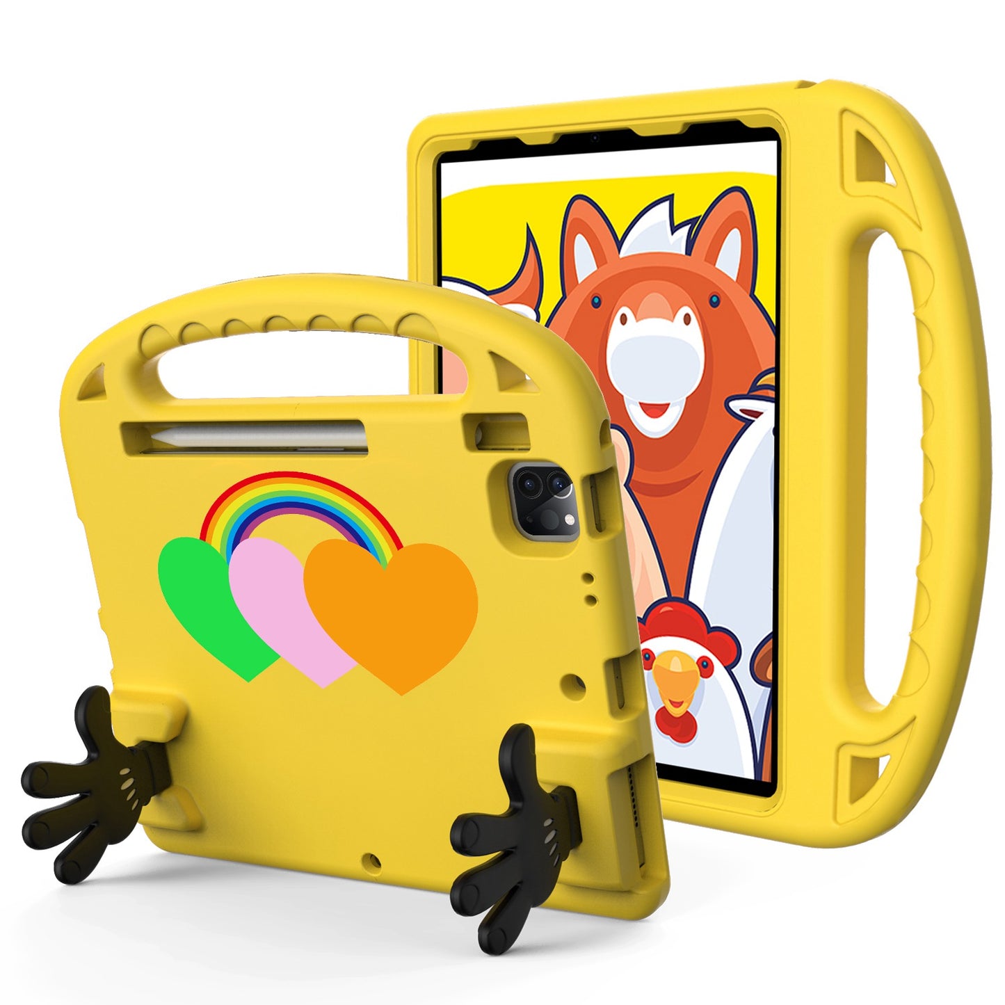 For iPad Air (2020) / iPad Pro 11 (2018) / (2020) / (2021) / (2022) EVA Shockproof Case Love Heart Pattern Palm Shape Anti-Drop Tablet Kickstand Case with Grip Handle