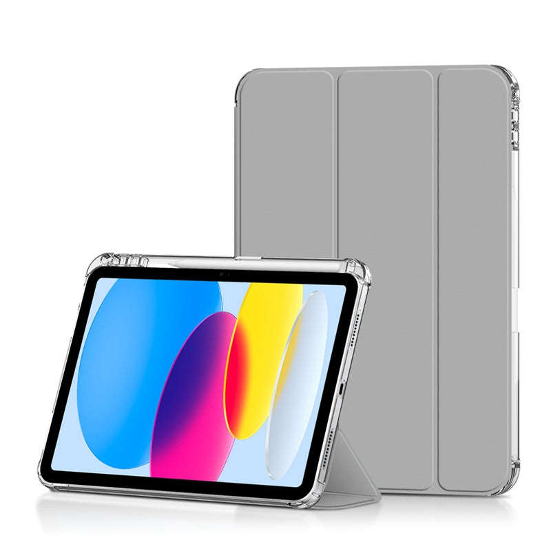 For iPad 10.9 (2022) / iPad 10th Gen PU Leather Trifold Stand Case Crystal Clear Hard PC Back Soft TPU Frame Smart Auto Sleep / Wake Cover with Pencil Holder