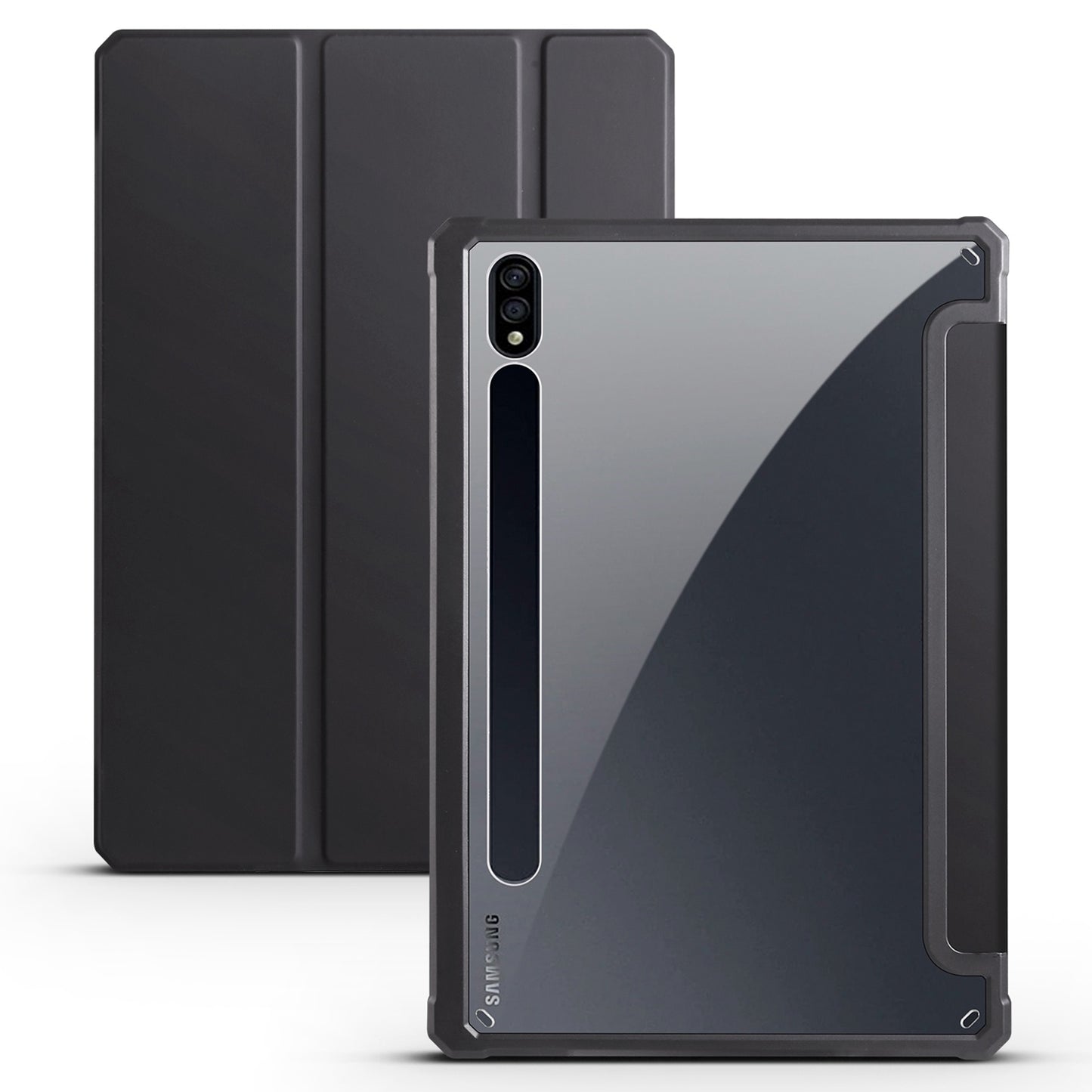 For Samsung Galaxy Tab S7 SM-T870 SM-T875 SM-T876B Tri-fold Stand Leather Case Auto Sleep / Wake Clear Acrylic Back Tablet Cover Shell