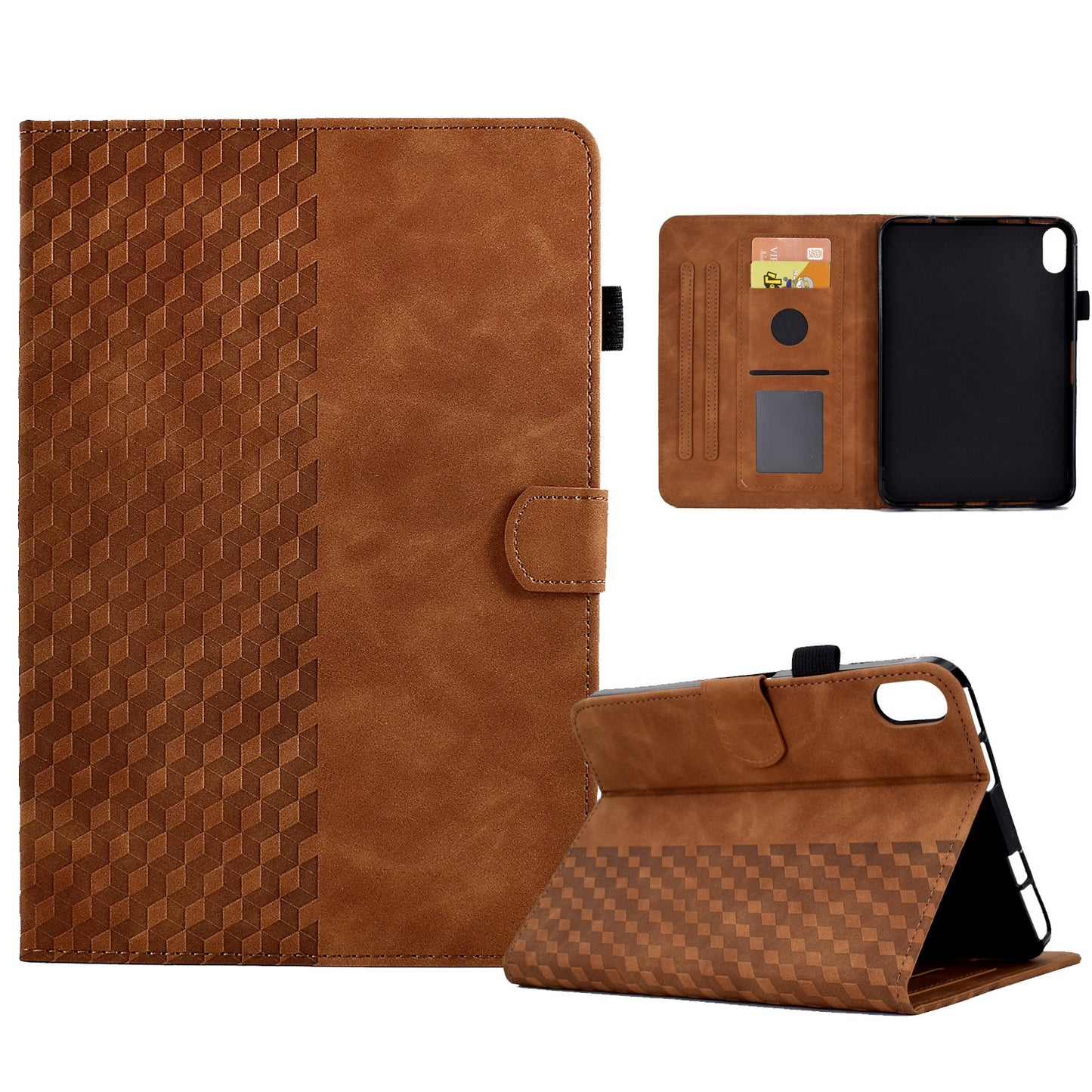 For iPad 10.9 (2022) Imprinted Rhombus Pattern PU Leather Tablet Case Stitching Line Full Protection Stand Card Holder Cover