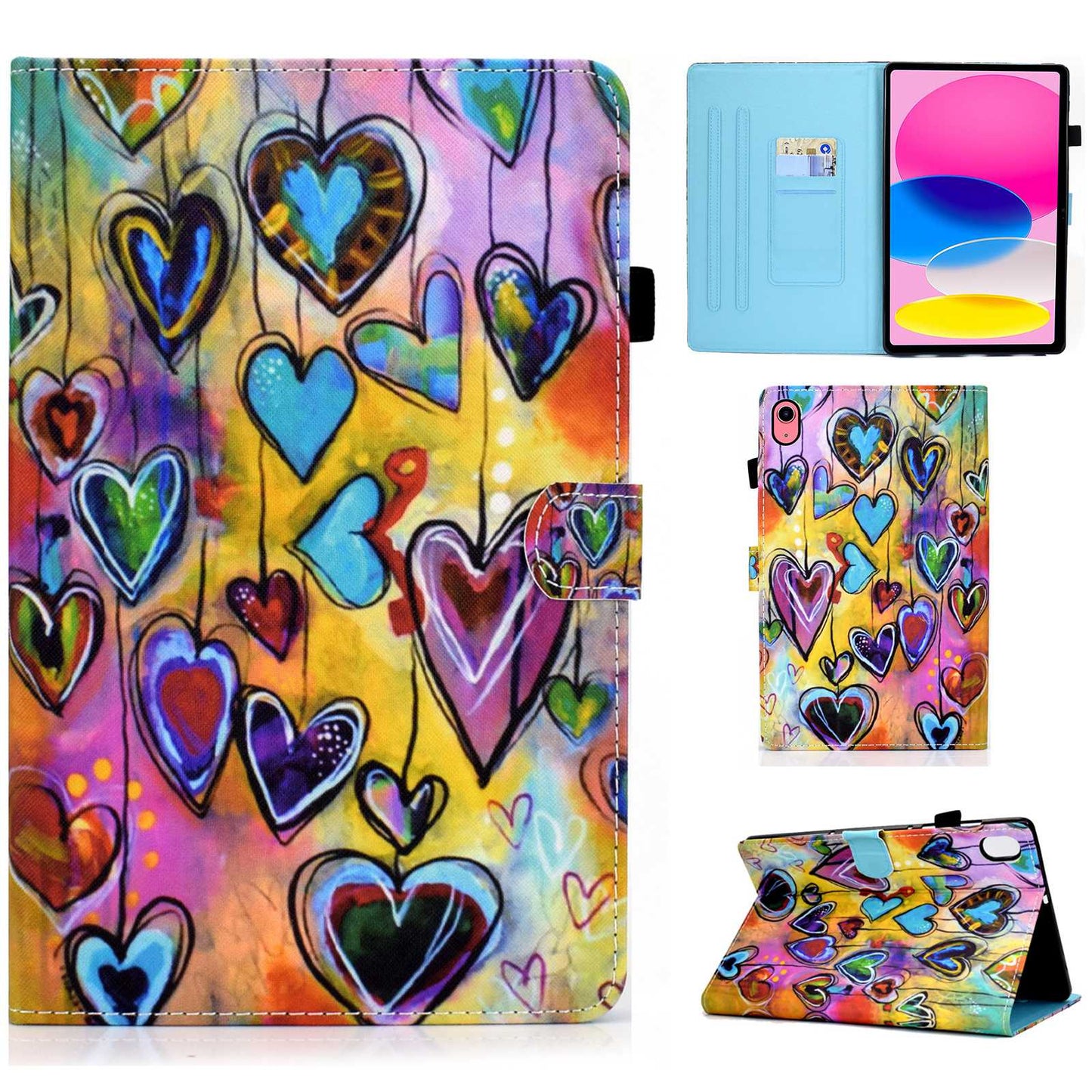 For iPad 10.9 (2022) / iPad 10th Gen Pattern Printing Stand Folio Tablet Case Stitching Line PU Leather Card Slots Protective Cover