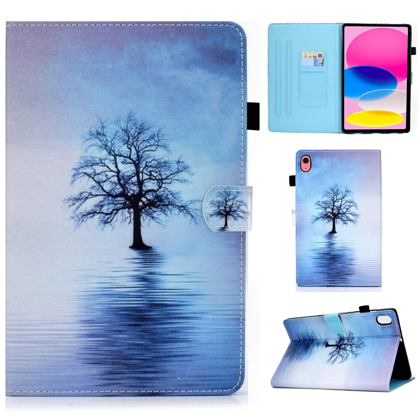 For iPad 10.9 (2022) / iPad 10th Gen Pattern Printing Stand Folio Tablet Case Stitching Line PU Leather Card Slots Protective Cover