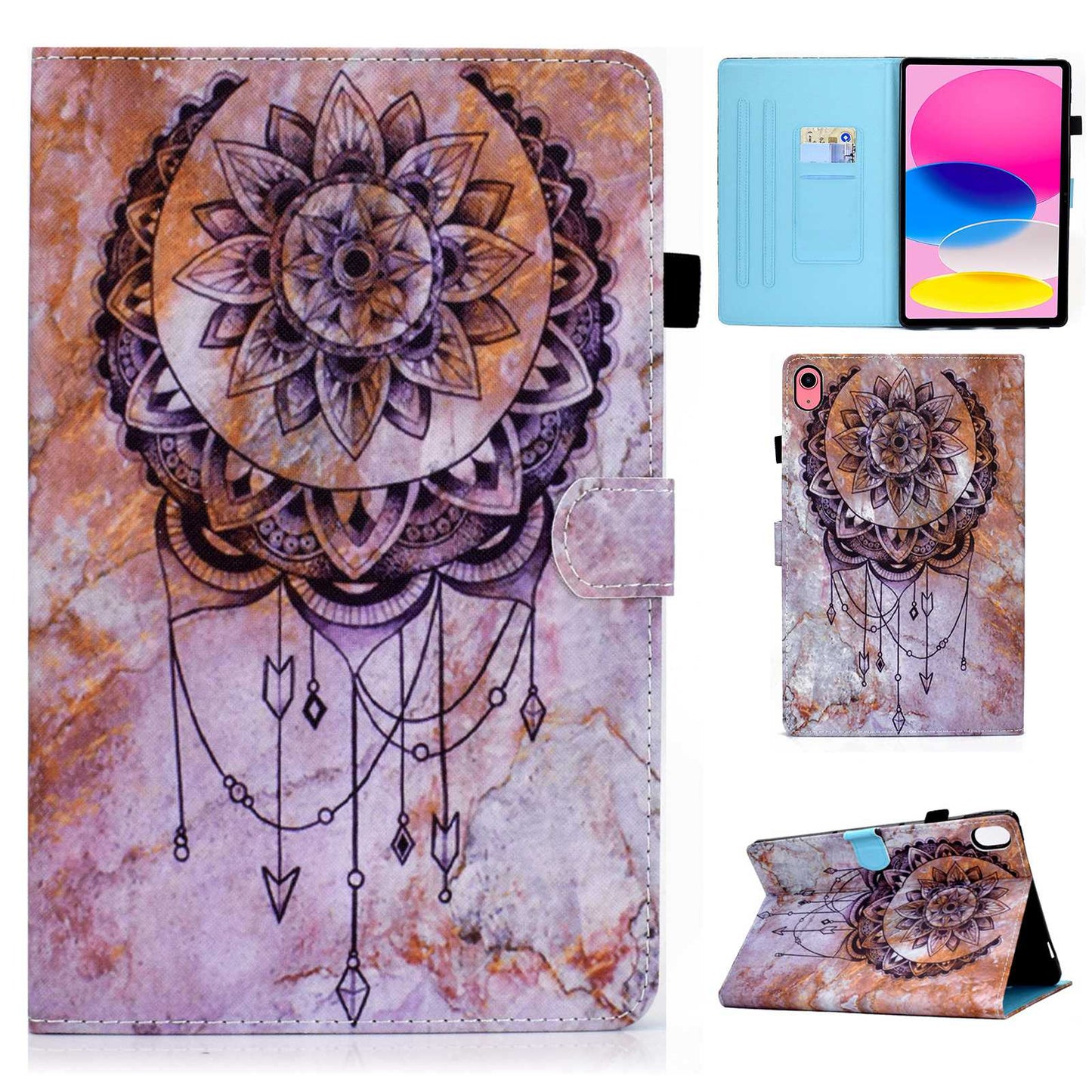 For iPad 10.9 (2022) / iPad 10th Gen Pattern Printing Stand Folio Tablet Case Stitching Line PU Leather Card Slots Protective Cover