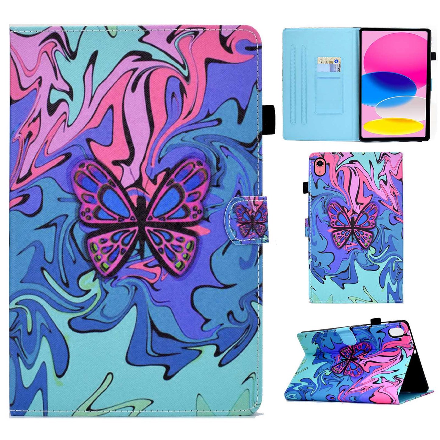 For iPad 10.9 (2022) / iPad 10th Gen Pattern Printing Adjustable Stand Cover Full Protection Stitching Line PU Leather Tablet Case with Card Slots Holder