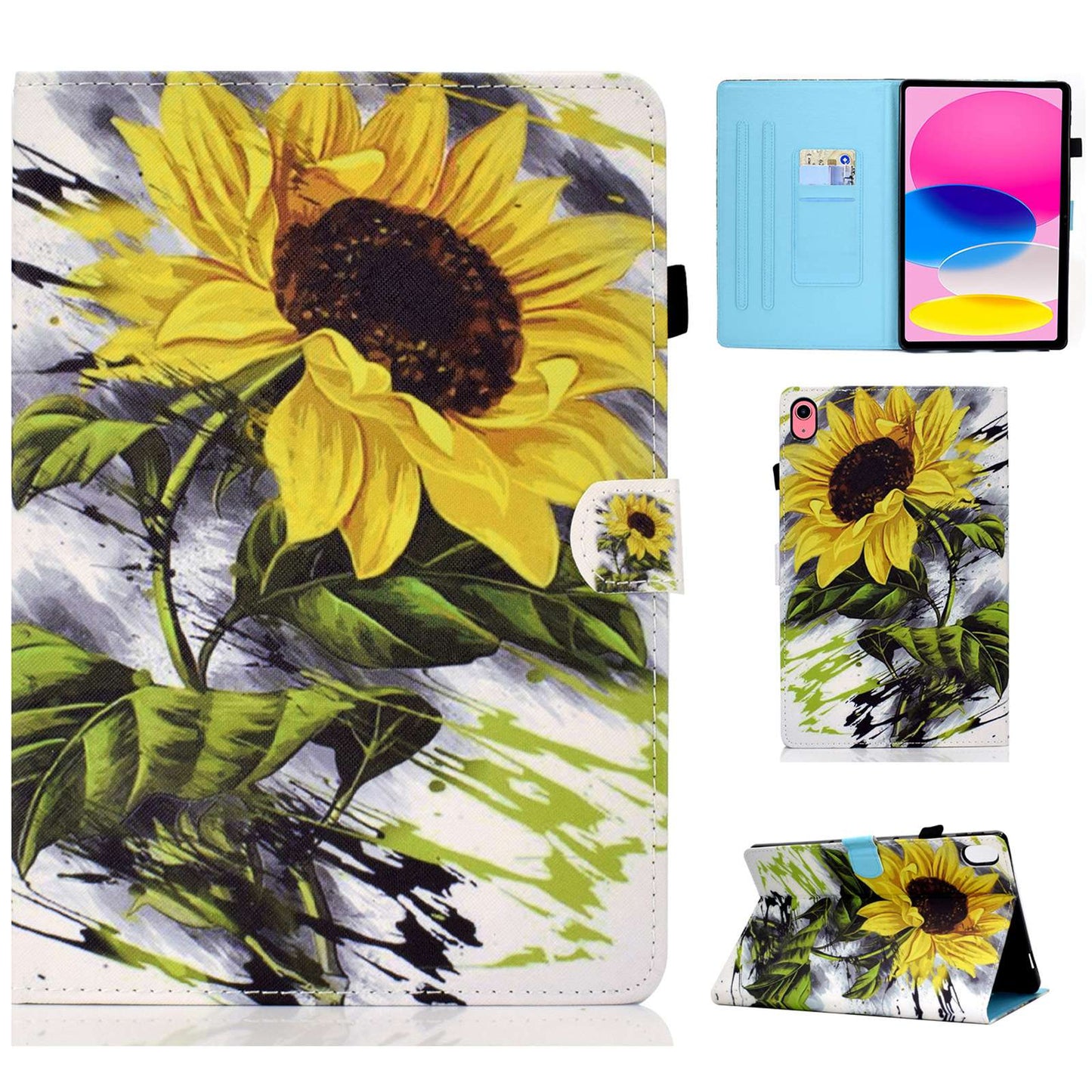 For iPad 10.9 (2022) / iPad 10th Gen Pattern Printing Adjustable Stand Cover Full Protection Stitching Line PU Leather Tablet Case with Card Slots Holder