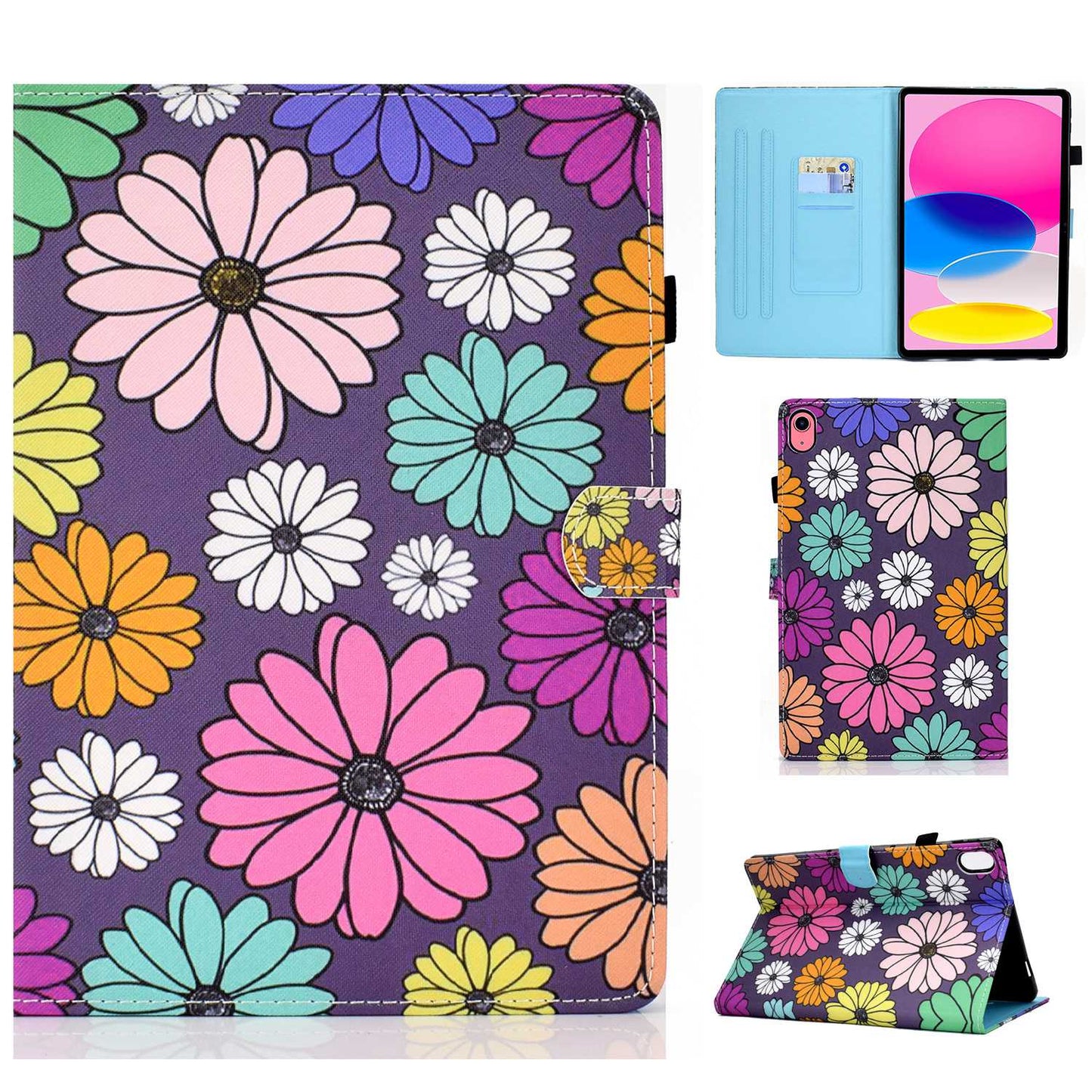 For iPad 10.9 (2022) / iPad 10th Gen Pattern Printing Adjustable Stand Cover Full Protection Stitching Line PU Leather Tablet Case with Card Slots Holder