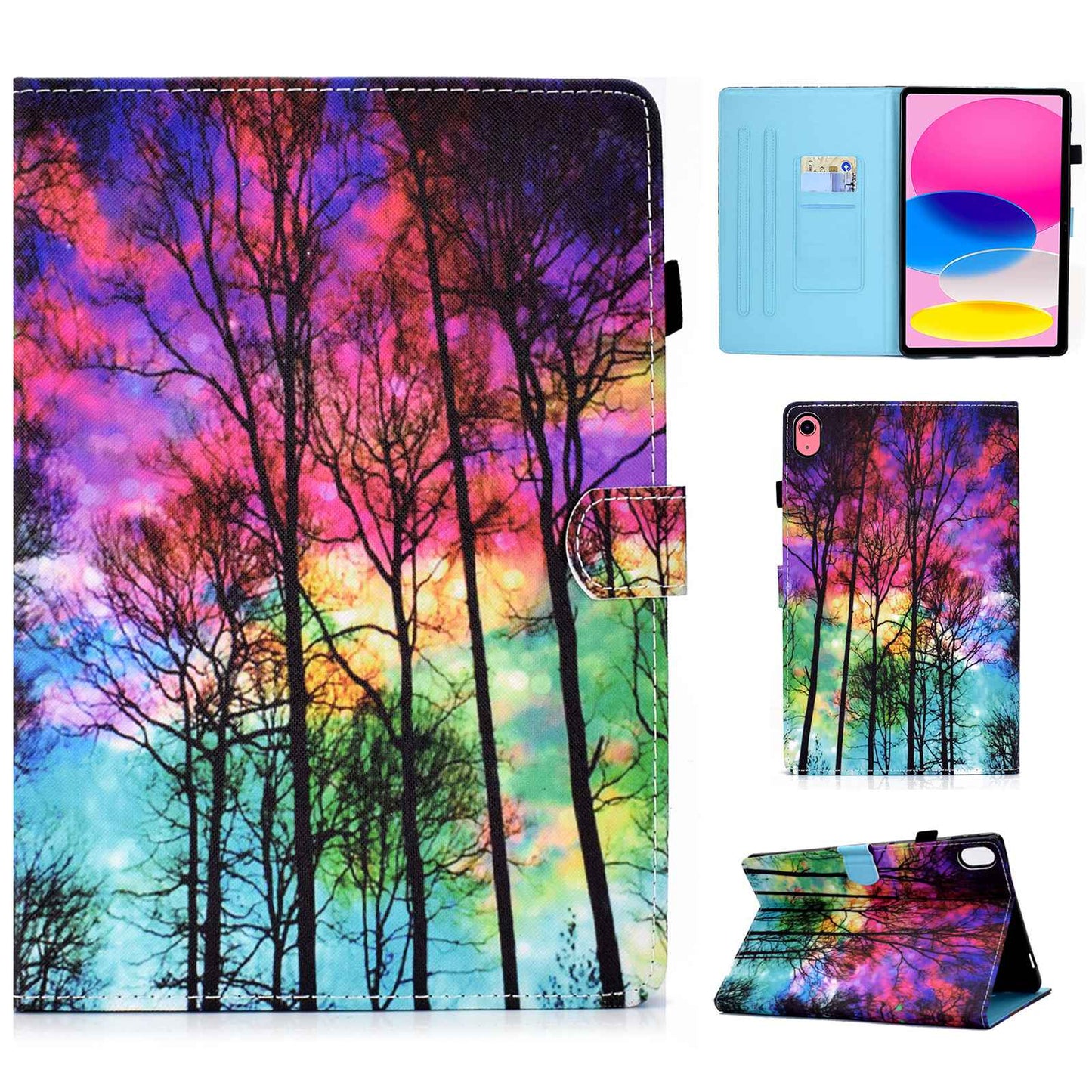 For iPad 10.9 (2022) / iPad 10th Gen Pattern Printing Adjustable Stand Cover Full Protection Stitching Line PU Leather Tablet Case with Card Slots Holder