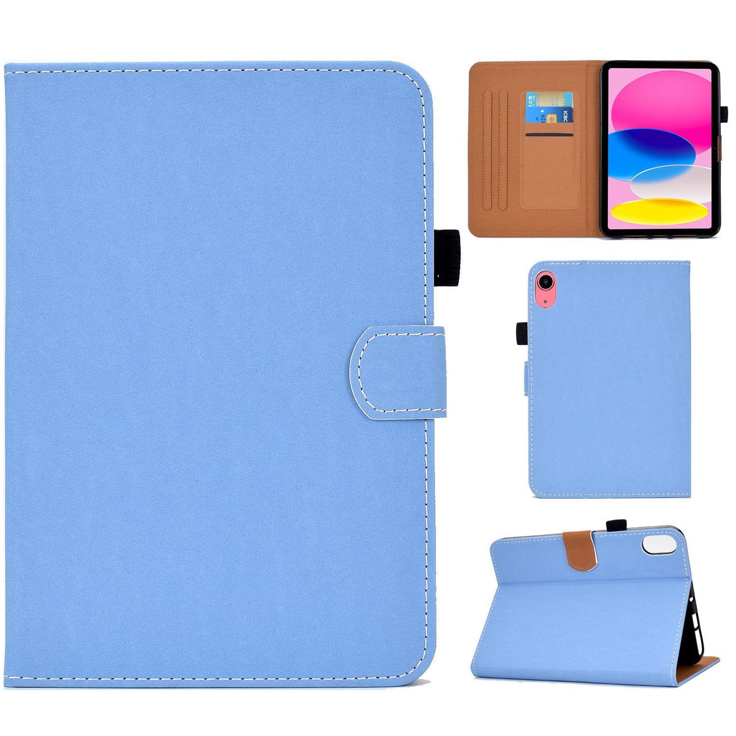 For iPad 10.9 (2022) Solid Color Stitching Line Tablet Stand Case PU Leather Card Holder Shockproof Cover