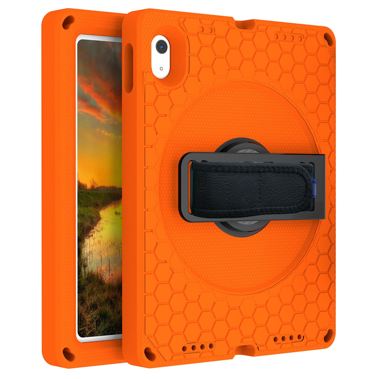 For iPad 10.9 (2022) EVA+PC Shockproof Tablet Case Hand Strap Rotary Kickstand Honeycomb Texture Anti-drop Cover with Shoulder Strap