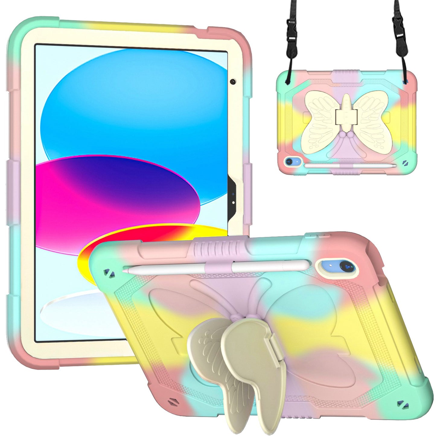For iPad 10.9 (2022) Dual Color Silicone + PC Tablet Case Butterfly Shape Kickstand Anti-drop Protective Cover with Shoulder Strap