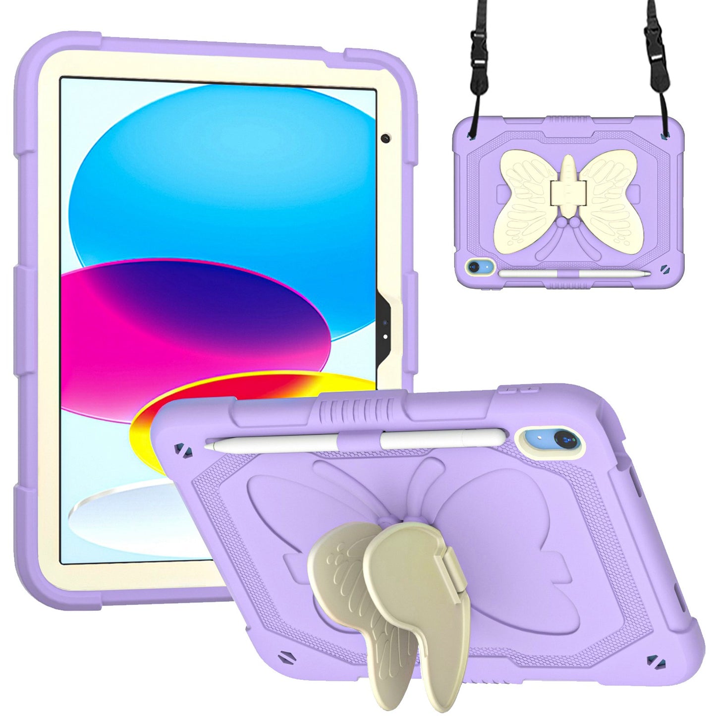 For iPad 10.9 (2022) Dual Color Silicone + PC Tablet Case Butterfly Shape Kickstand Anti-drop Protective Cover with Shoulder Strap