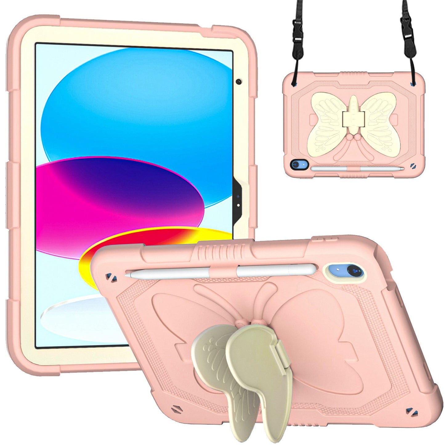 For iPad 10.9 (2022) Dual Color Silicone + PC Tablet Case Butterfly Shape Kickstand Anti-drop Protective Cover with Shoulder Strap