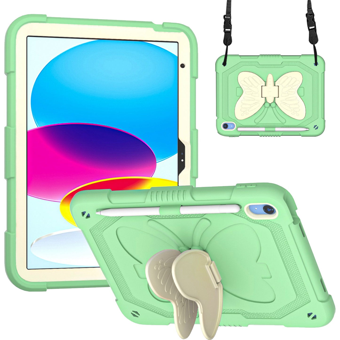 For iPad 10.9 (2022) Dual Color Silicone + PC Tablet Case Butterfly Shape Kickstand Anti-drop Protective Cover with Shoulder Strap