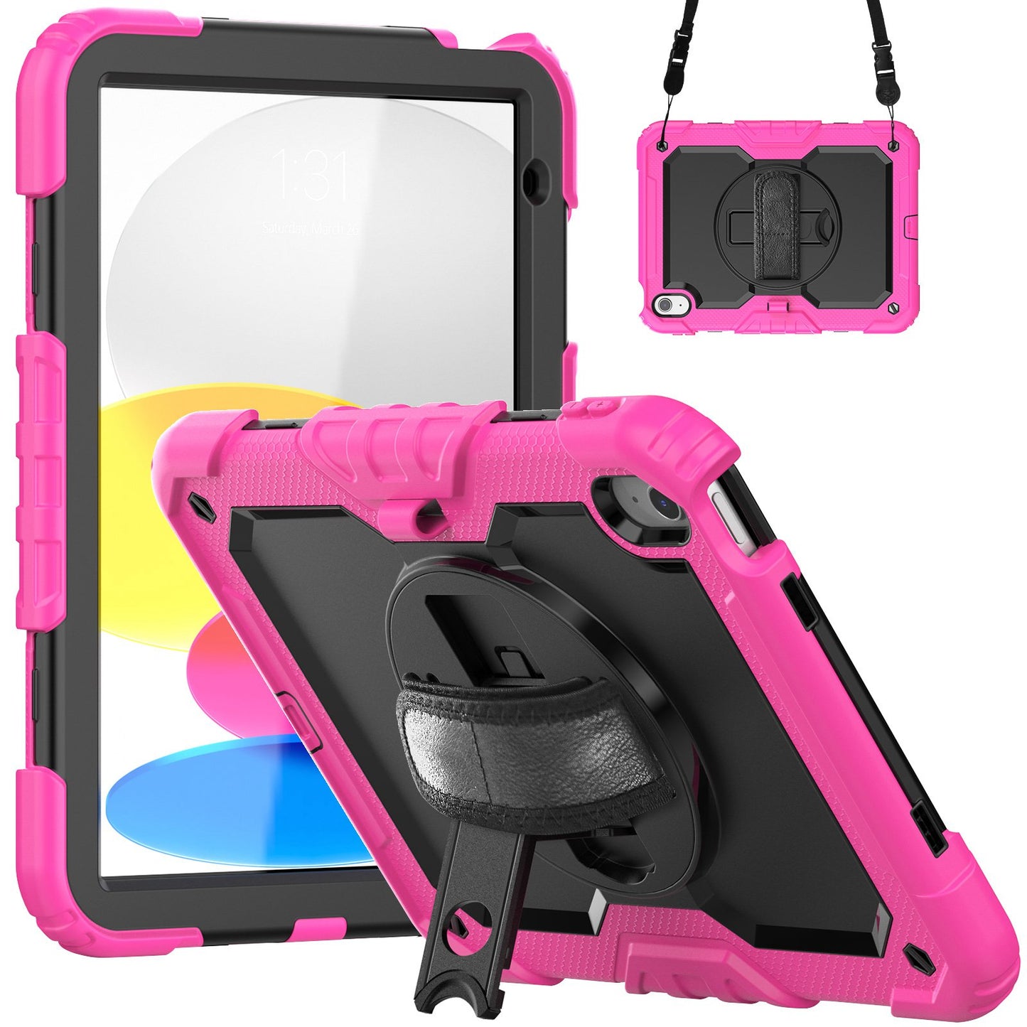 For iPad 10.9 (2022) Silicone+PC Tablet Case Hand Strap Kickstand Drop-proof Cover with Shoulder Strap