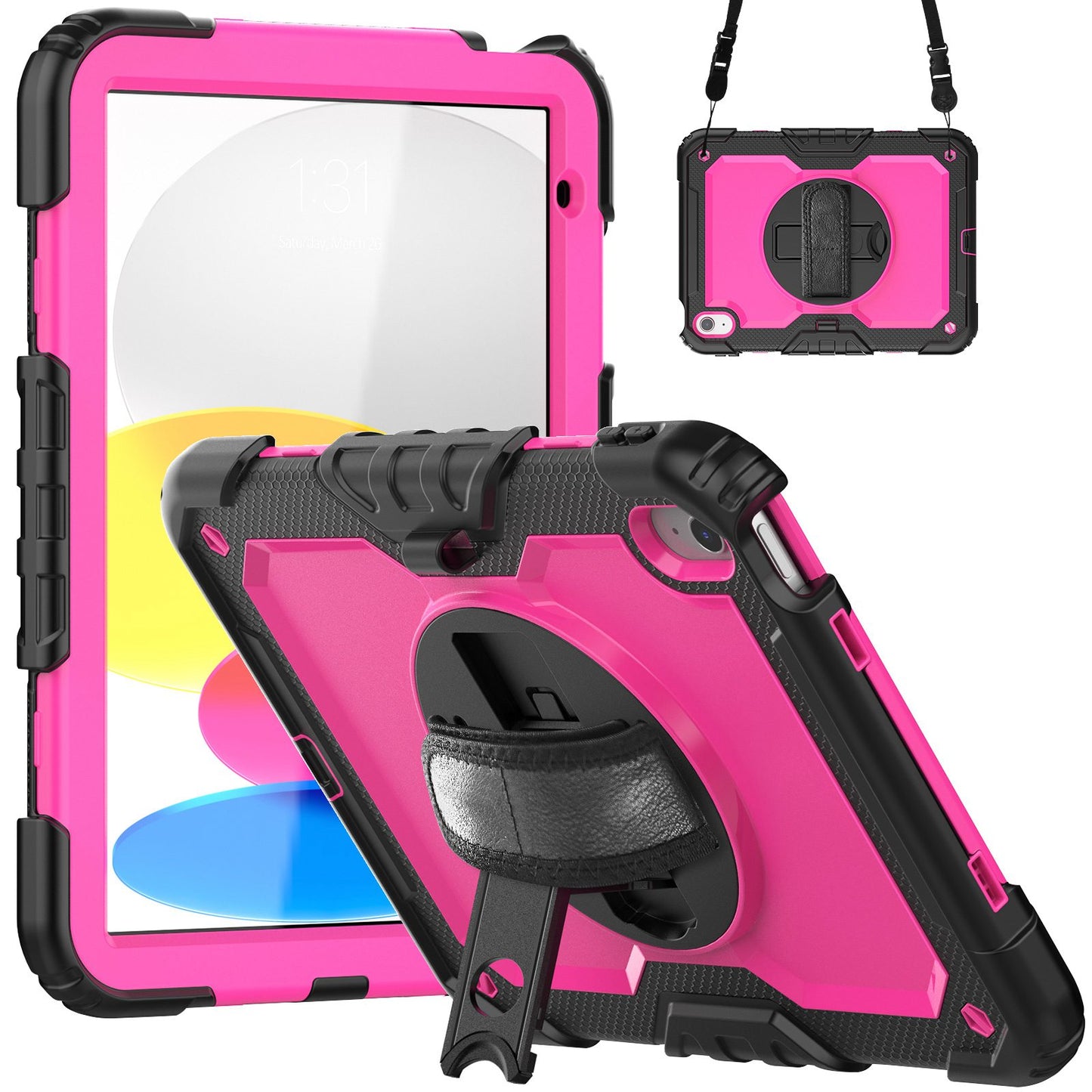 For iPad 10.9 (2022) Silicone+PC Tablet Case Hand Strap Kickstand Drop-proof Cover with Shoulder Strap